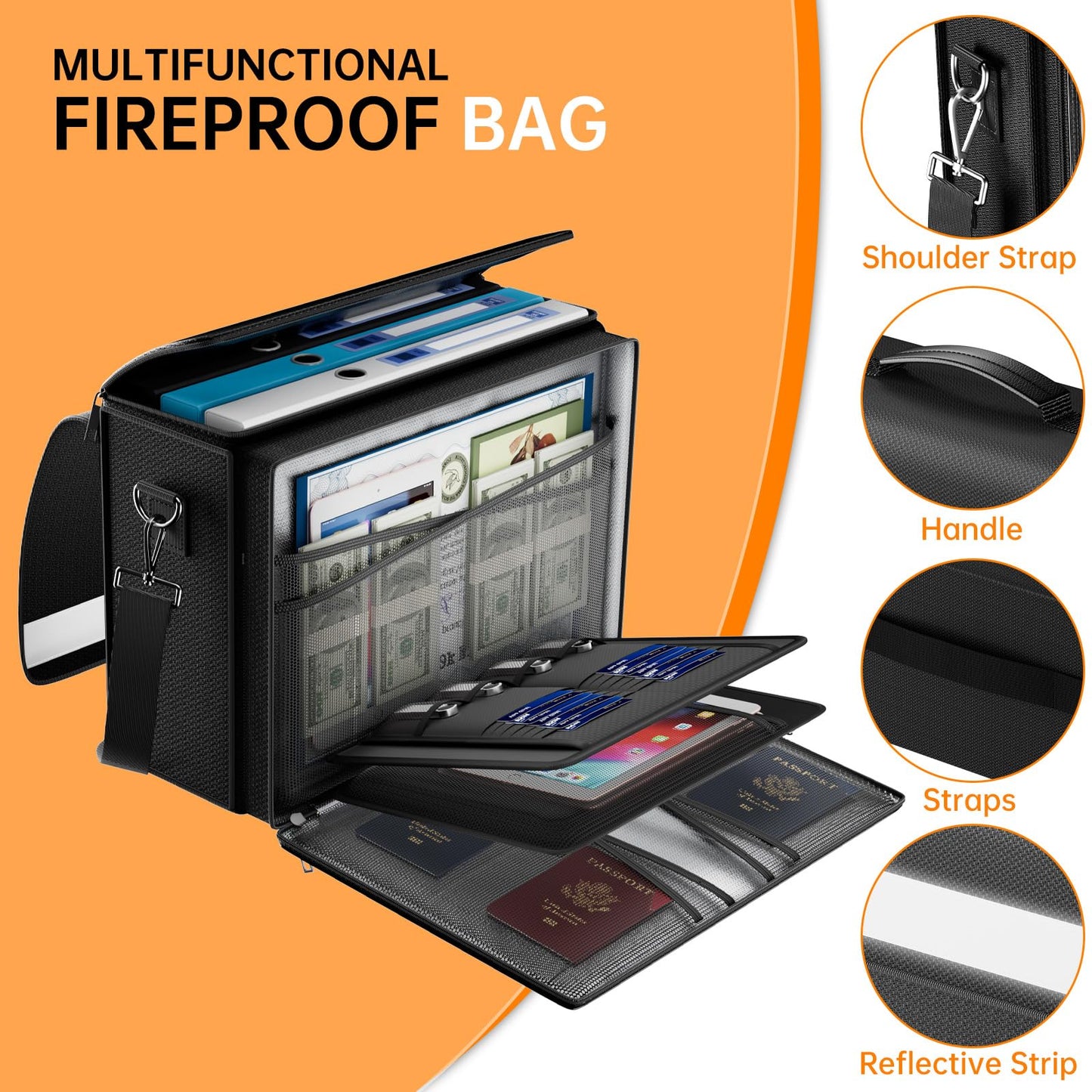 DocSafe Fireproof Document Bag with Multiple Pockets,5200°F Large (17”x12.5”x7.2”) File Organizer Fireproof Waterproof Bag Important Document Holder Home Office Portable Filing Storage for Valuables