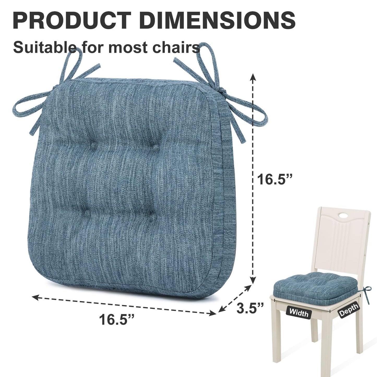 Shinnwa Kitchen Chair Cushions Set of 4, Dual-Layer Memory Foam Dining Chair Cushions, Patented Design Seat Pads with Ties, 16.5 x 16.5 x 3.5in, 4 Pack, Denim Blue