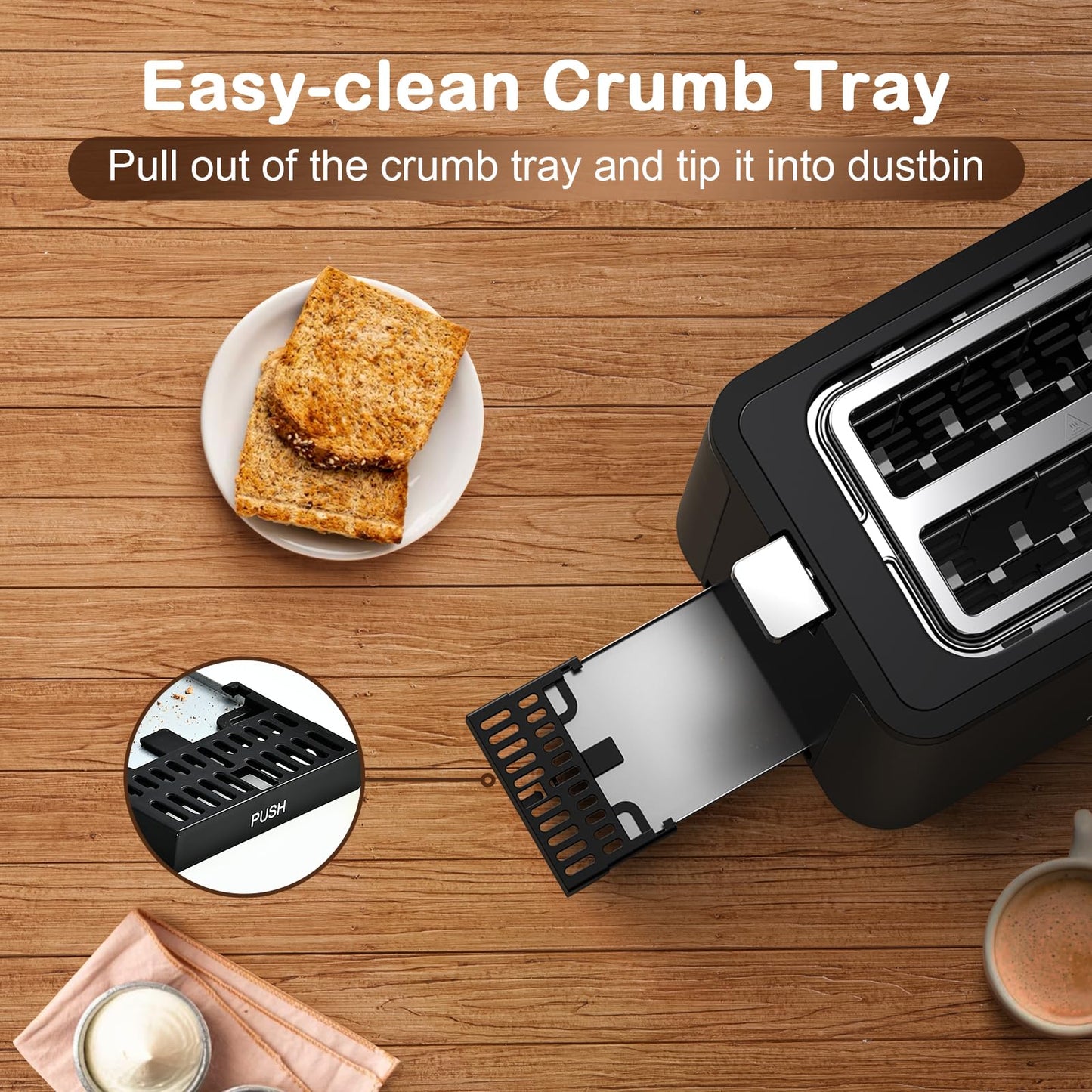 Mecity Toaster 2 Slice Stainless Steel Body, Timer, Bagel, Defrost, Reheat, Cancel Functions, Warming Rack, Removable Tray, 6 Browning Settings, Extra Wide Slots, Bread Toaster, 120V 800W Black