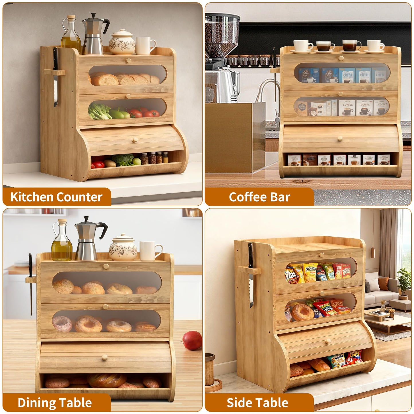Coolfat Bread Box for Kitchen Countertop, 3 Tier Large Capacity Breadbox, with Window, Cutting Board Rack and Knife Holder, Bamboo Bread Container, Under Cabinet Organizer