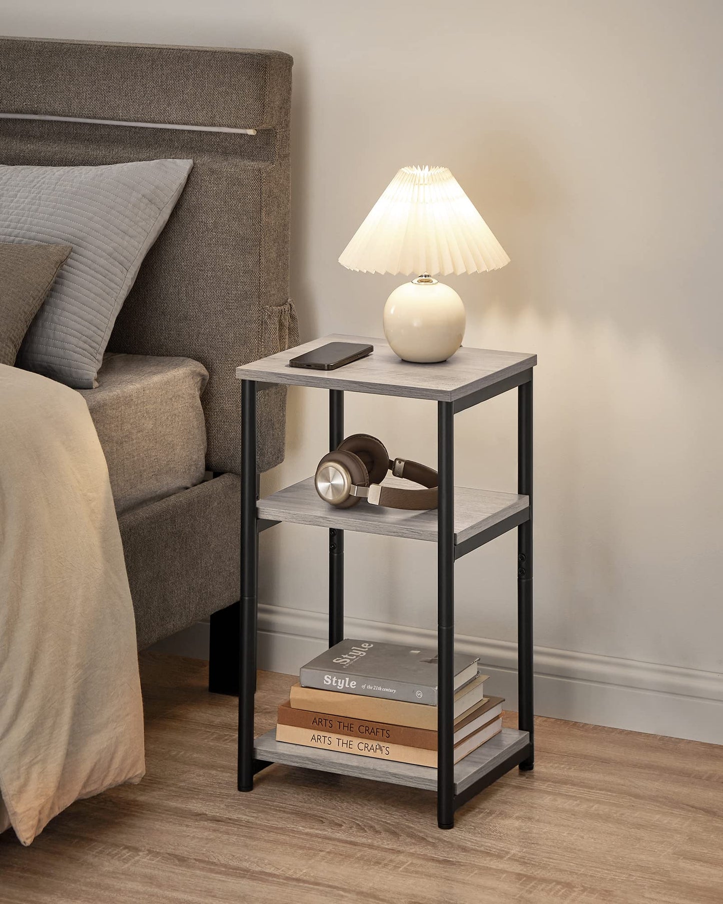 VASAGLE BARNET Collection - Side Table, Small End Table for Living Room, Modern Tall Nightstand, Bedroom, Office, Bathroom, Steel Frame, Heather Greige and Ink Black ULET273B02