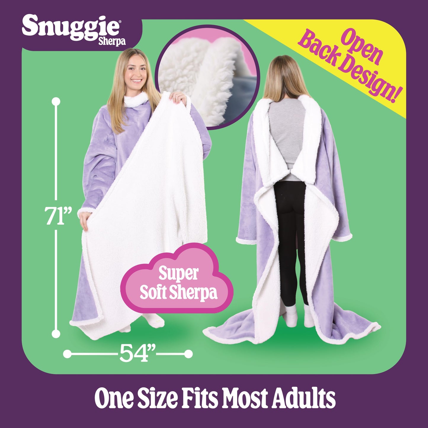 Snuggie The Original Wearable Blanket With Sleeves & Pockets | Sherpa, Cozy Oversized Throw for Adult Men & Women, Machine Washable, Great Gift for Holidays, As Seen on TV | One Size, Lilac, 71 x 54