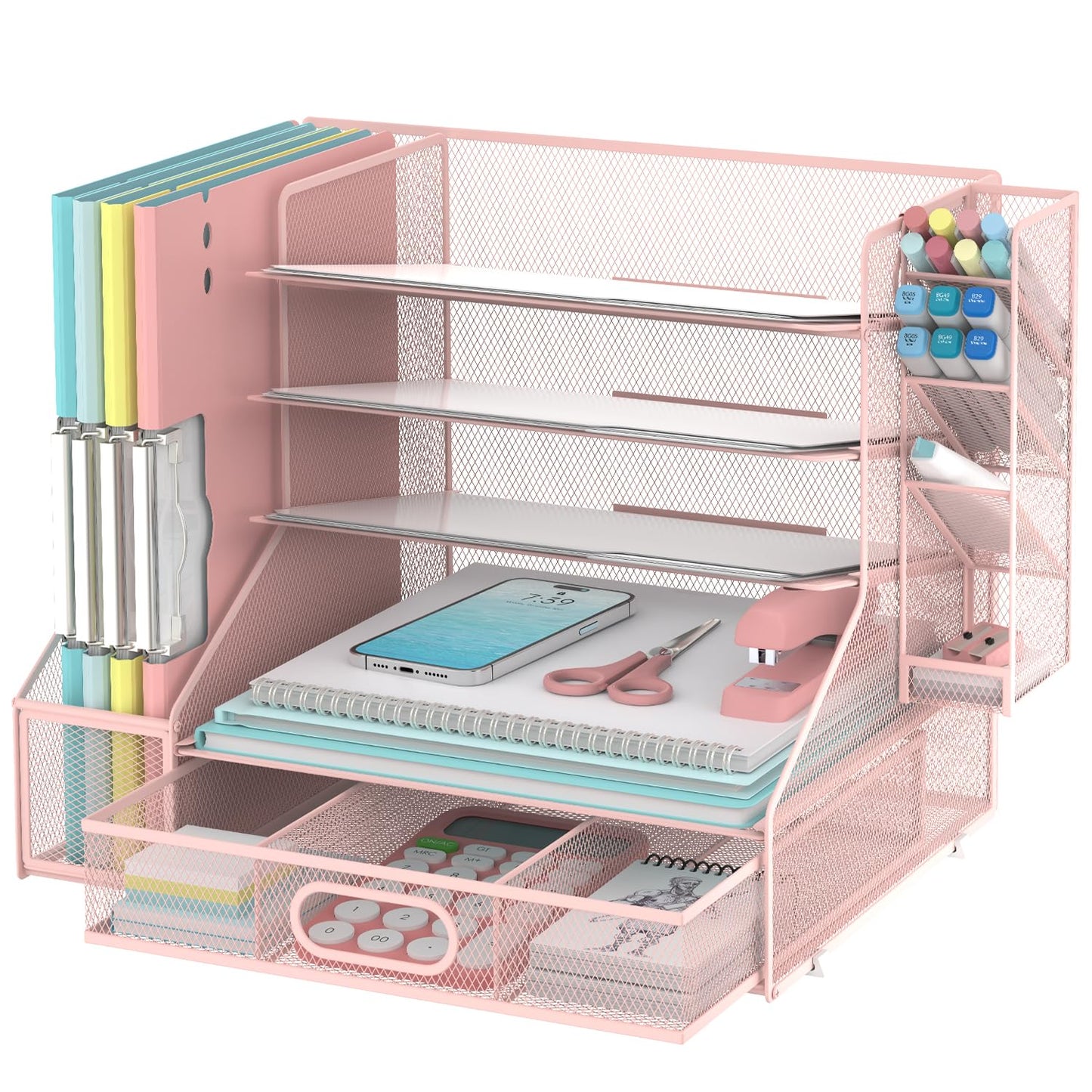 SUPEASY Desk Organizer with File Holder, 5-Tier Mesh Paper Organizer Letter Tray with Pen Holder and Drawer, Desk Organizers and Accessories with 3 Tilted File Sorter for Office Supplies, Pink