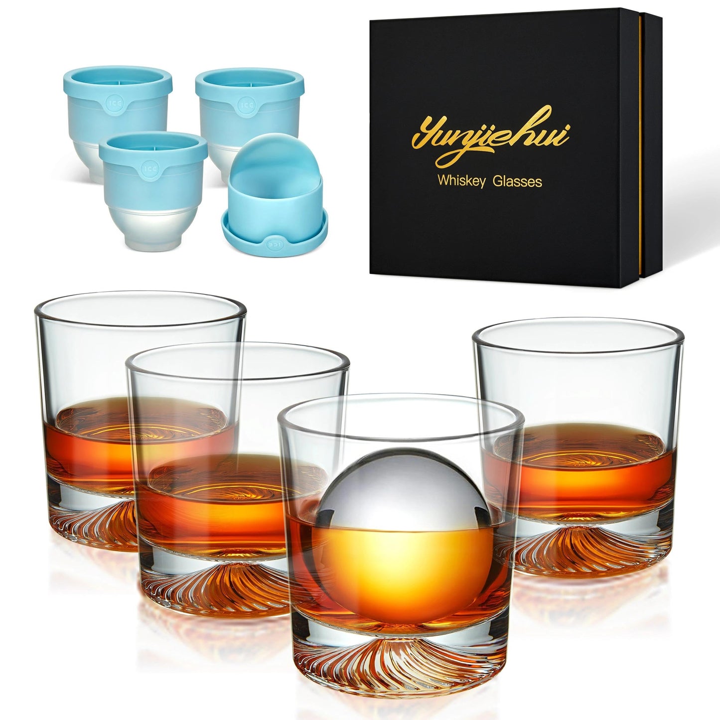 Yunjiehui Old Fashioned Whiskey Glasses Set of 4,9.5 oz Style Classic Cocktail Glasses,Bourbon Glasses,Suitable for Scotch Whiskey, Durable Lead-Free Glassware, Gifts for Men with Luxury Box
