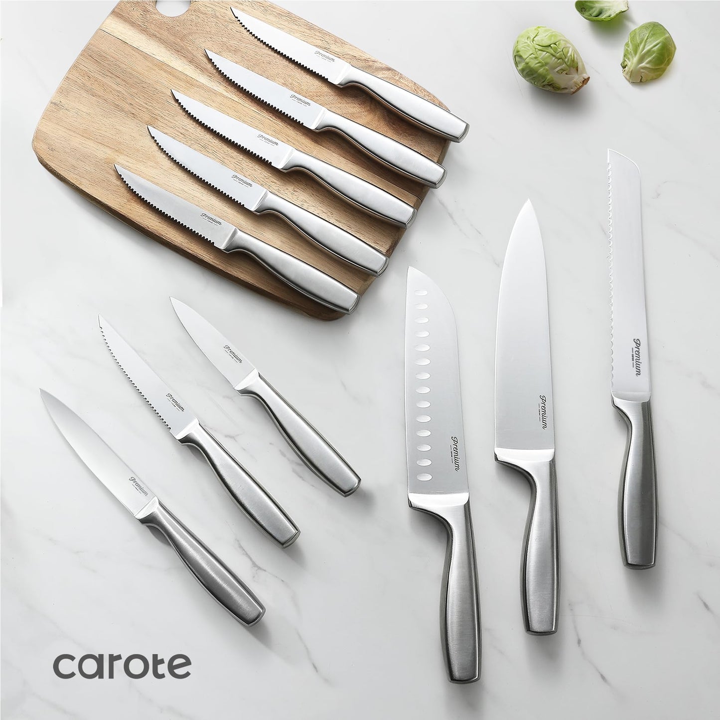 CAROTE 12-Piece Knife Set, All-Stainless Steel Knife Block Set, Kitchen Knives with Wooden Block, Razor-Sharp and Ergonomic, Easy Cleaning