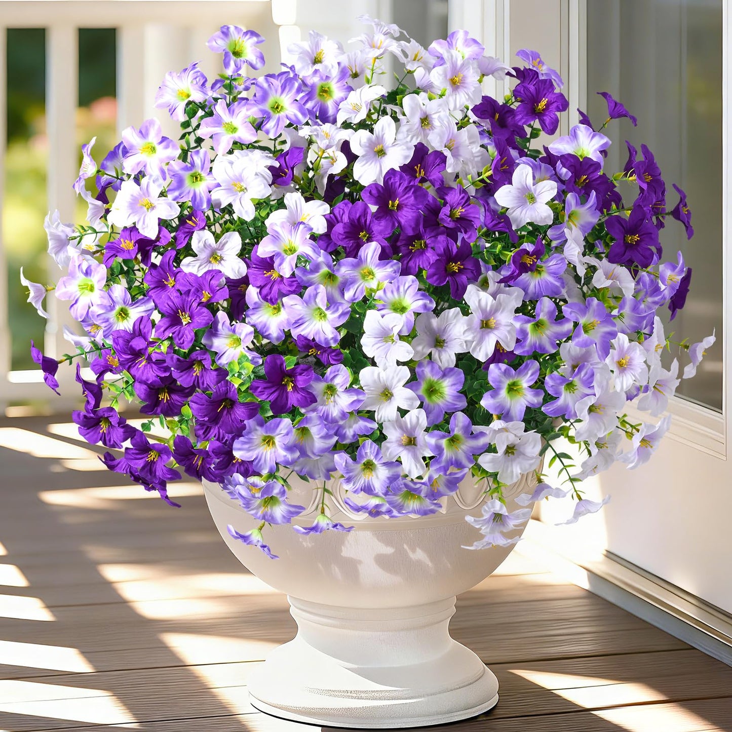 MARTINE MALL 24 Bundles Look Real Artificial Flowers for Outdoors, Realistic Fake Outdoor Flowers, UV Resistant Silk Petunia Flowers for Outside Faux Flowers for Outdoor Garden, Mixed Purple