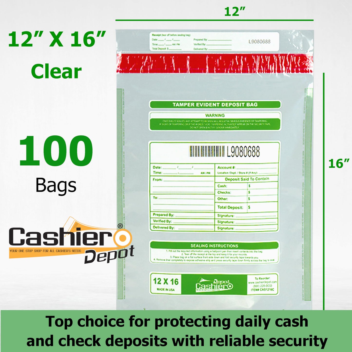 100 Cashier Depot - Tamper Evident Deposit Bags, 12" x 16", Clear, Plastic, Press & Seal VOID Closure, Perforated Receipt, Serialized Barcode, 100 Count