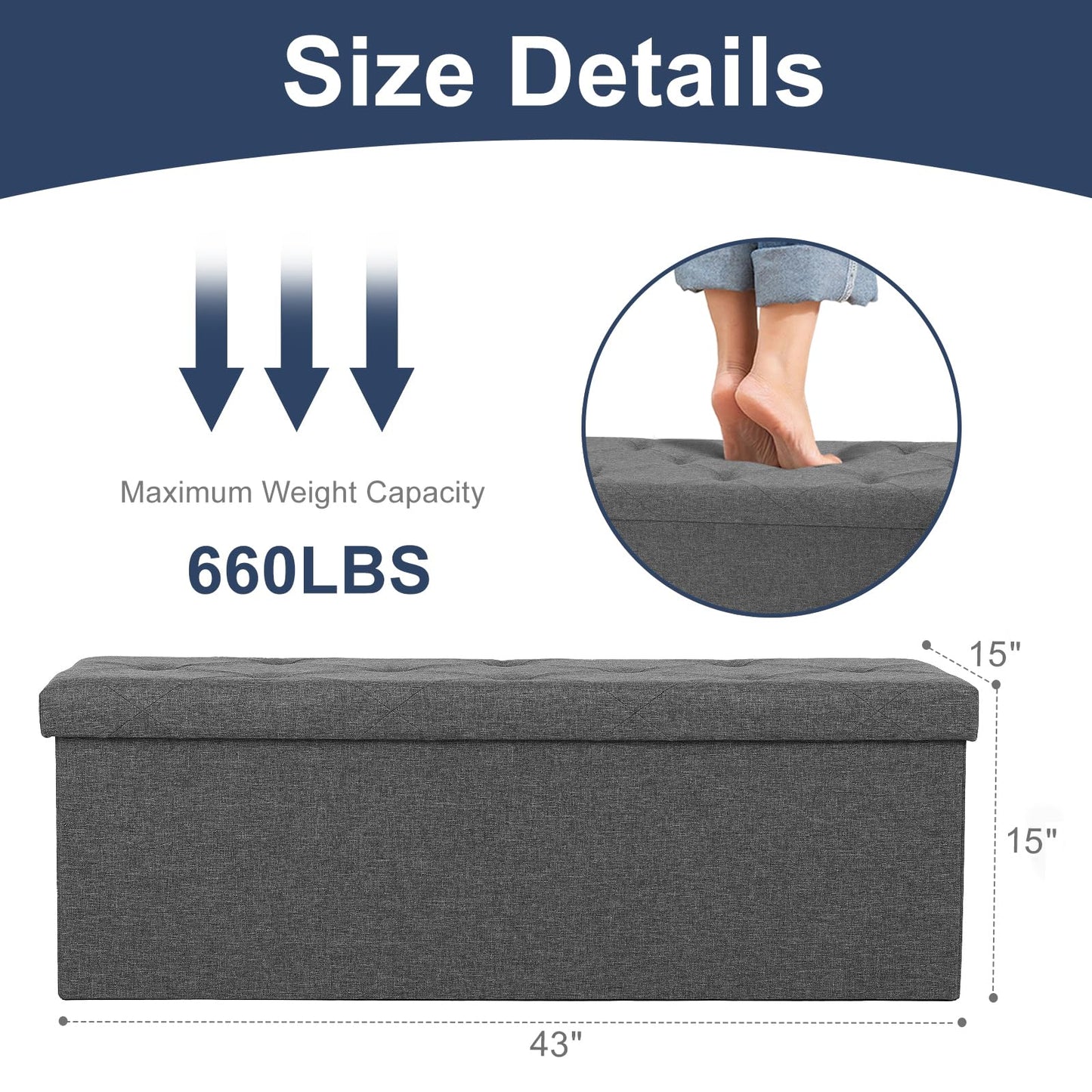 DUMOS 43in Storage Ottoman Bench, Storage Chest, End of Bed Foot Rest Stool with Padded Seat, Bedroom Bench for Living Room, Entryway, Support 660lbs, Grey