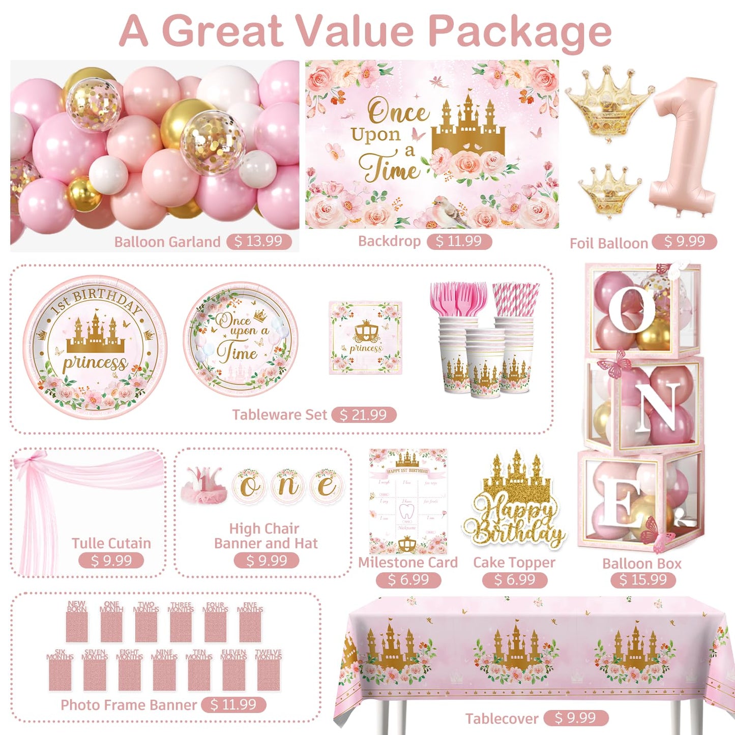 Fexivo 258 PCS Princess First Birthday Decorations, Once Upon A Time Birthday Party Pack Serves 25, with Balloon, Banner, Backdrop, Plates and Napkins, for Girl's First Birthday