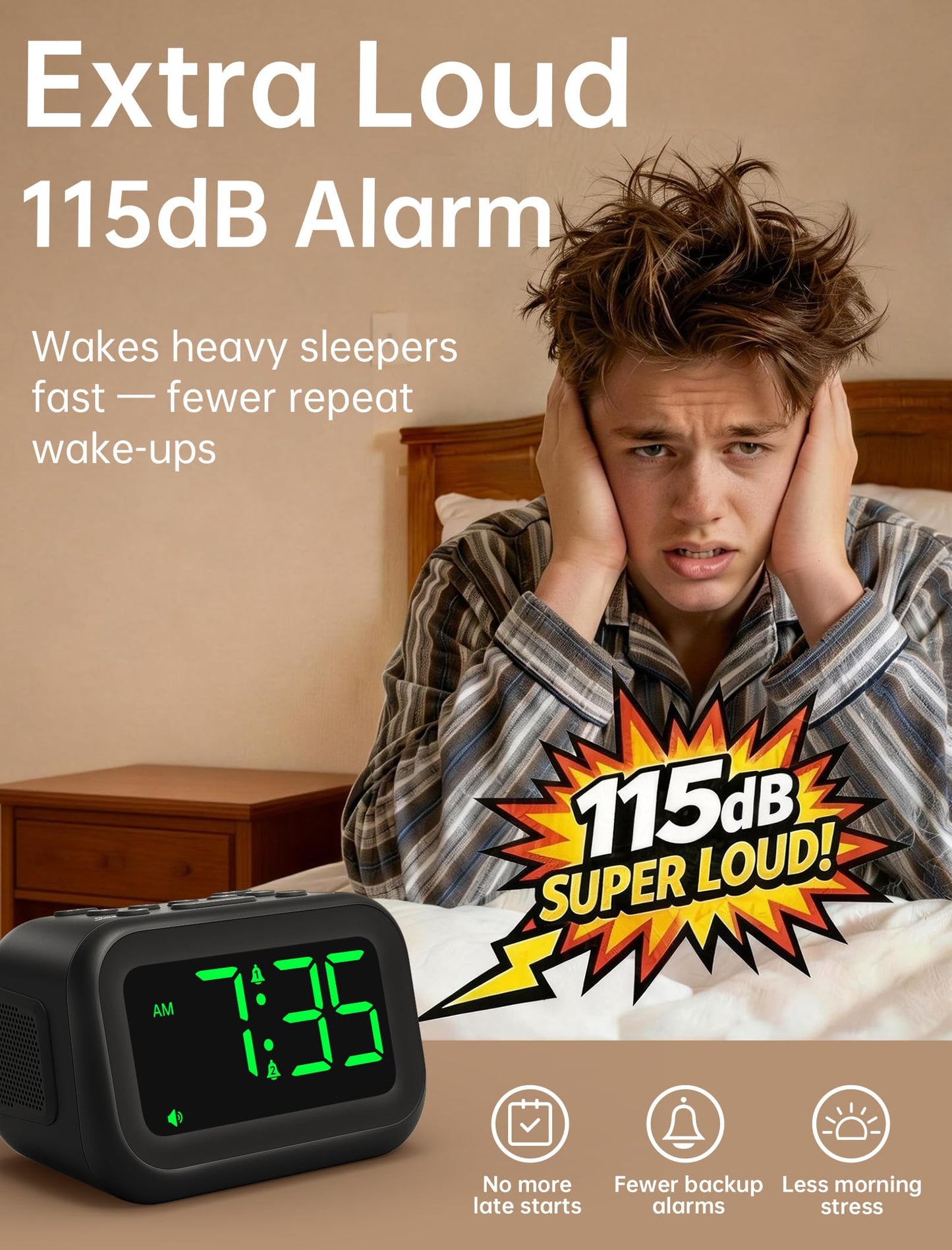 AuroraCalm Extra Loud Alarm Clock: 115dB Dual Alarms and 6 Unique Alarm Sounds for Heavy Sleepers - Adult Students for Bedroom On-Time Wake-Ups - Green Digits