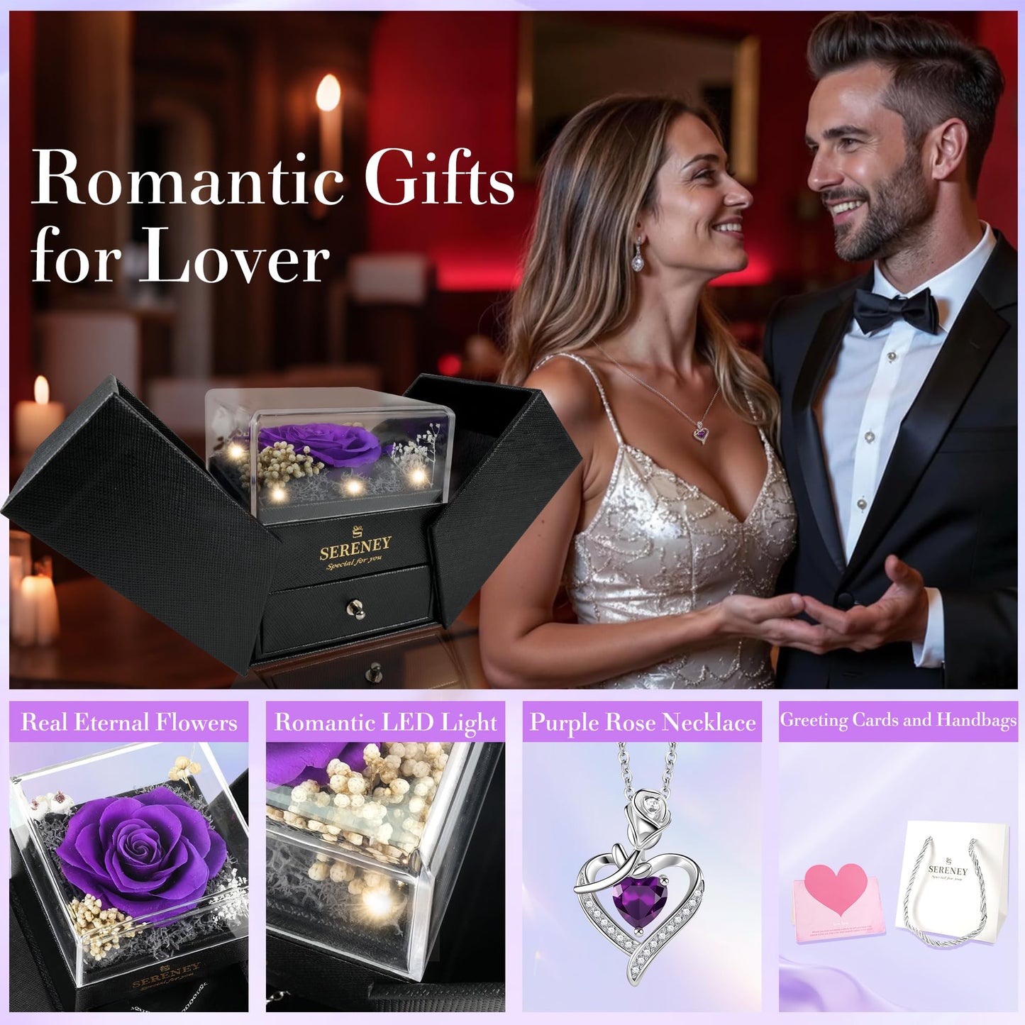 Sereney Preserved Purple Flower Rose with Necklace, Forever Flowers Eternal Rose with Purple Heart Jewelry Gifts for Women Mom Wife Grandma Friend as Anniversary Christmas Birthday Gifts