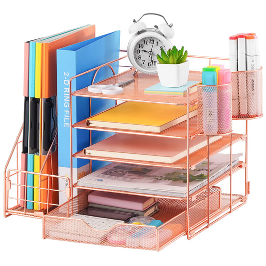 Marbrasse Rose Gold Desk Organizer with File Holder, 5-Tier Paper Letter Tray Organizer and Drawer, Mesh Desktop Storage with Magazine Holder for Office Supplies
