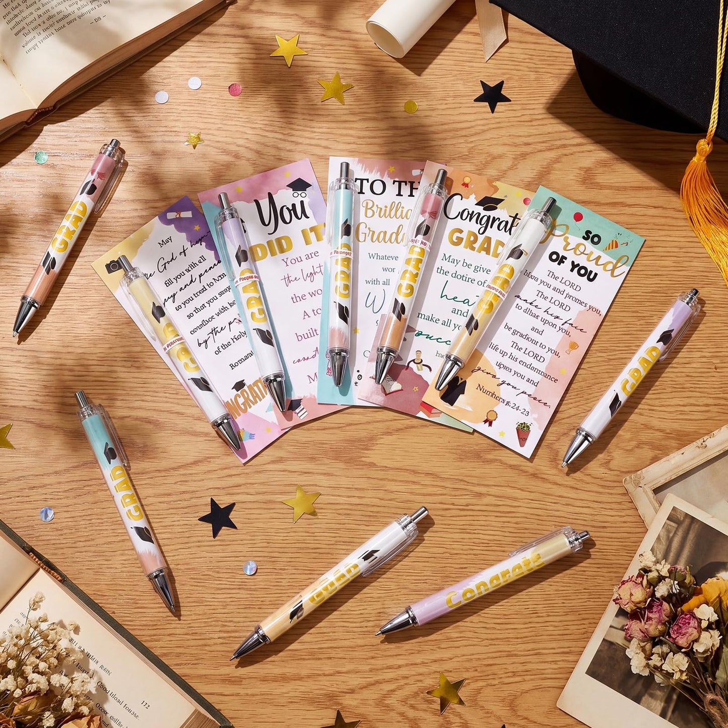 Sayglossy 100 Sets Religious Graduation Gifts Bulk Include Christian Congrats Grad Ballpoint Pens Motivational Bible Verse Bookmark Greeting Card for 2026 Graduation Party Favors Teacher Graduate