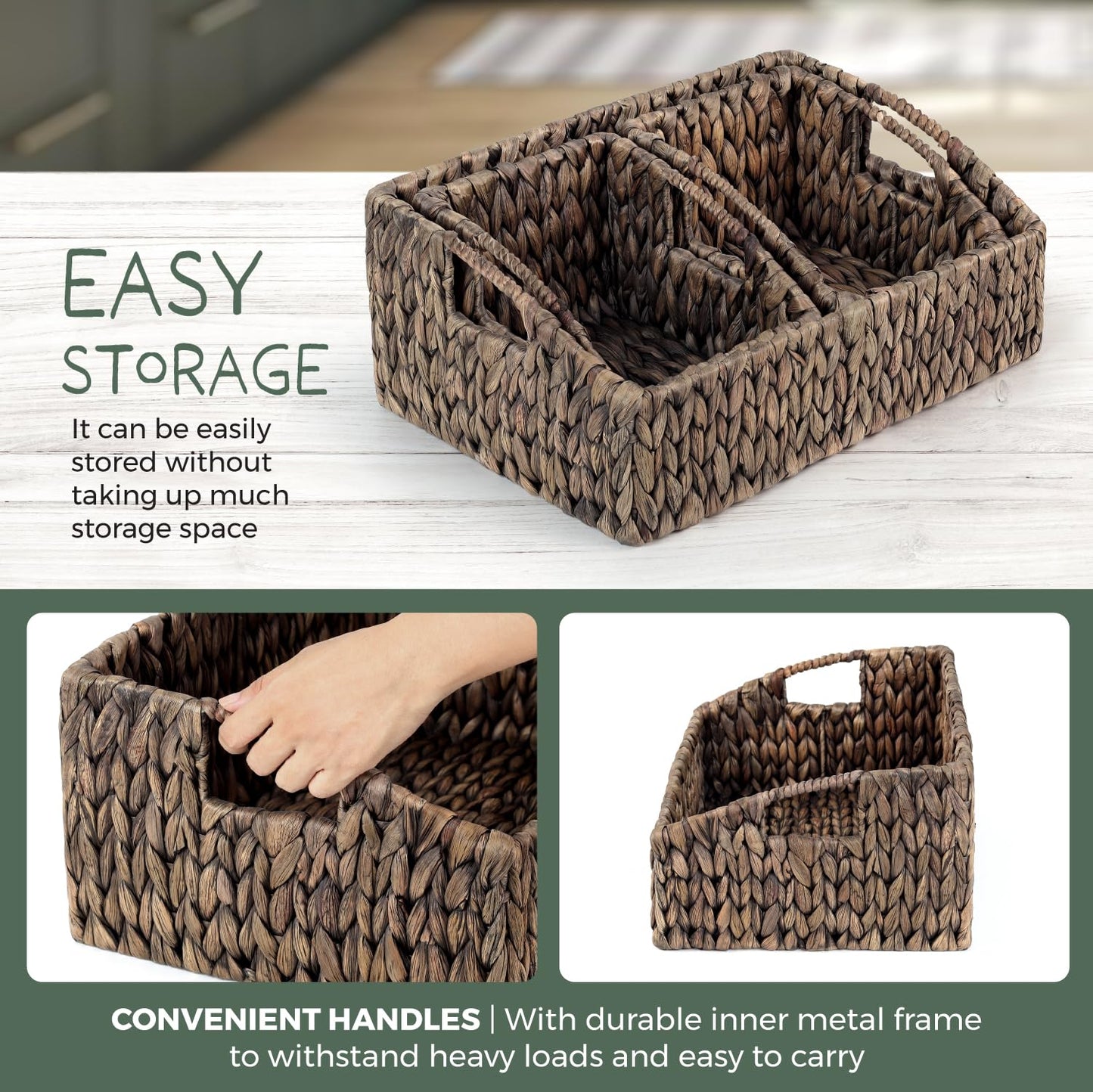 Set of 3 Handwoven Storage Baskets – Decorative Natural Wicker Organizer Bins with Built-in Handles for Bathroom, Kitchen, Pantry, Nursery, Closet, Laundry, Living Room, and Home Use