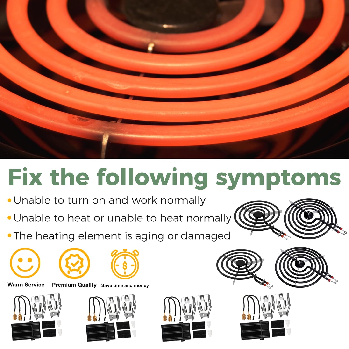 【2026 Upgraded】Electric Range Burner Element MP22YA Unit Set,2 pcs MP15YA 6'',2 pcs MP21YA 8'',4pcs 330031 Range Burner Receptacle kit.Replacement for Ranges/Stoves by Romalon