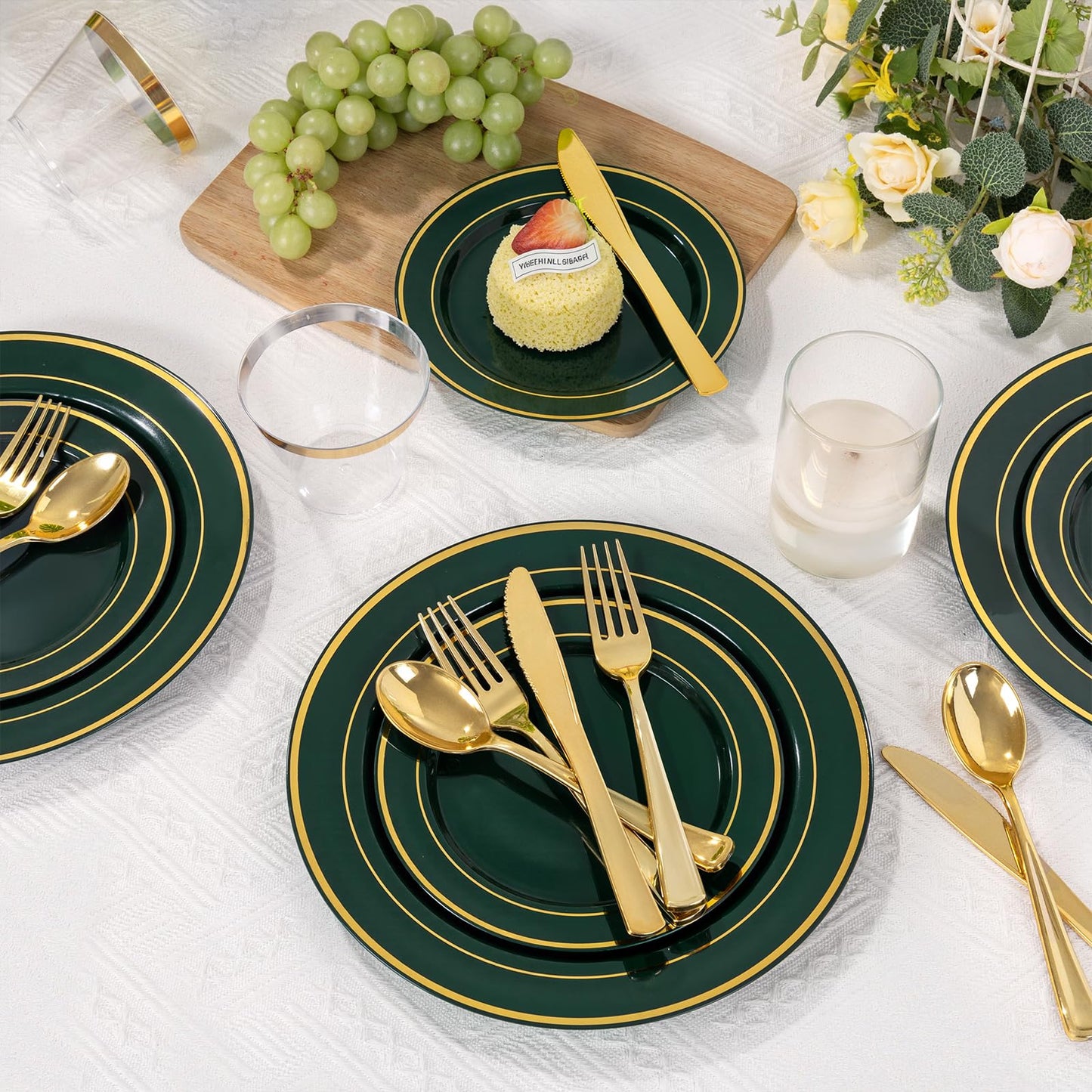 WDF Partyware 350PCS Green and Gold Plates - Green Plastic Plates 50Guests Plastic Plate with Rolled Napkins for Party/Birthday/World Cup 2026