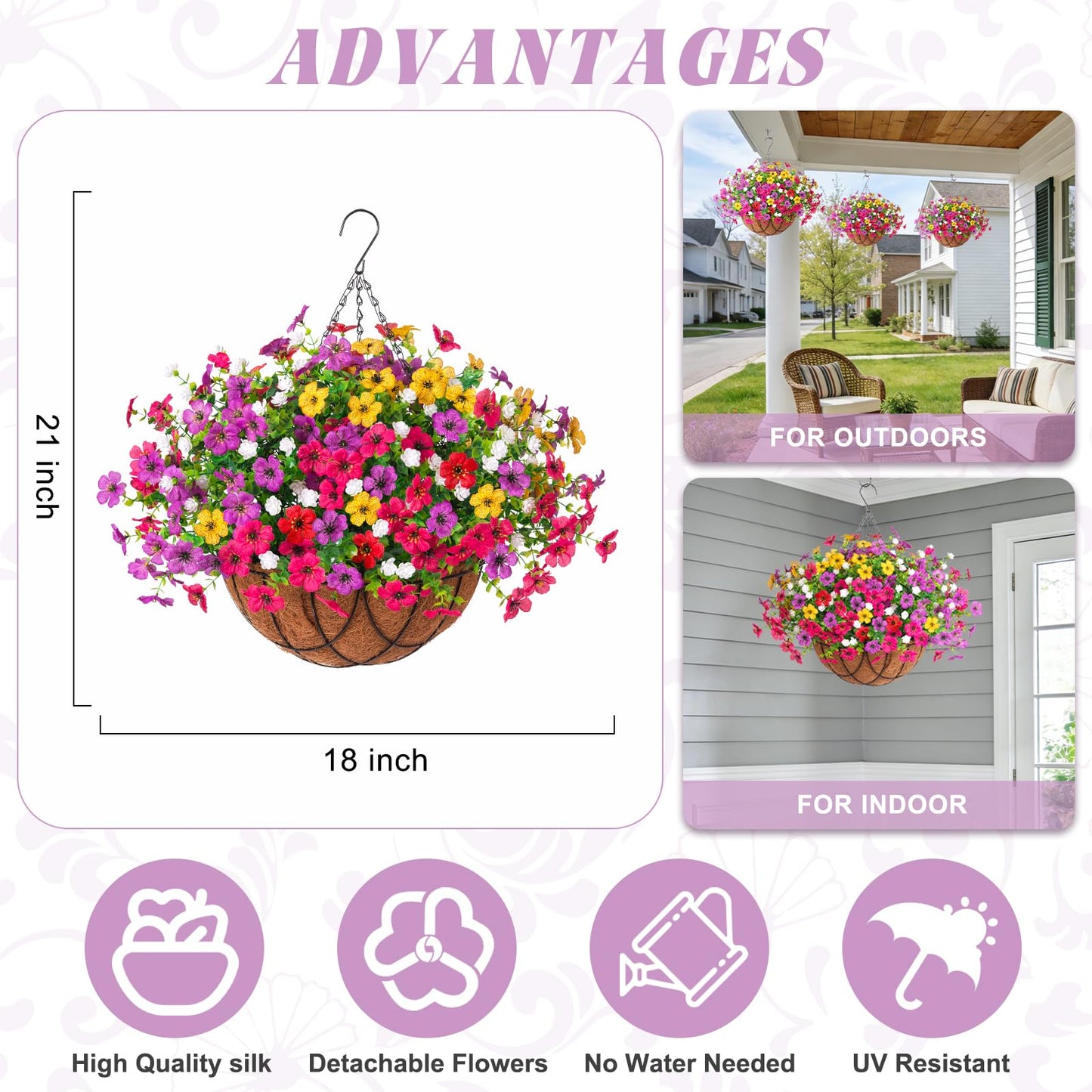 INXUGAO Artificial Silk Flowers Hanging Baskets Outdoors Indoors, Daisy with Eucalyptus Leaves Arrangement for Garden Yard Spring Summer Decor Faux Green Plant Metal Coconut Lining