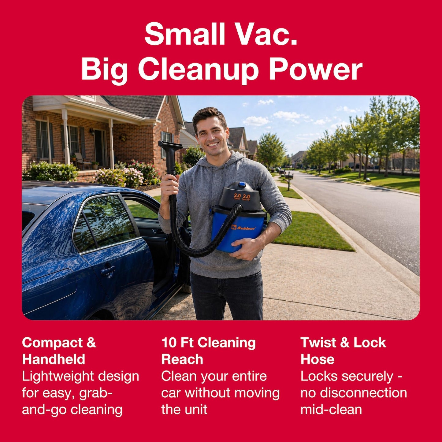 Koblenz Wet Dry Vacuum Cleaner, 2 Gallon 2.0 PHP, 60 CFM, 10 ft Reach, Twist-N-Lock Hose, Small Shop Vac, Portable Shop Vac for Home Car Garage Workshop, Accessories Included, Blue/Black, WD-2L