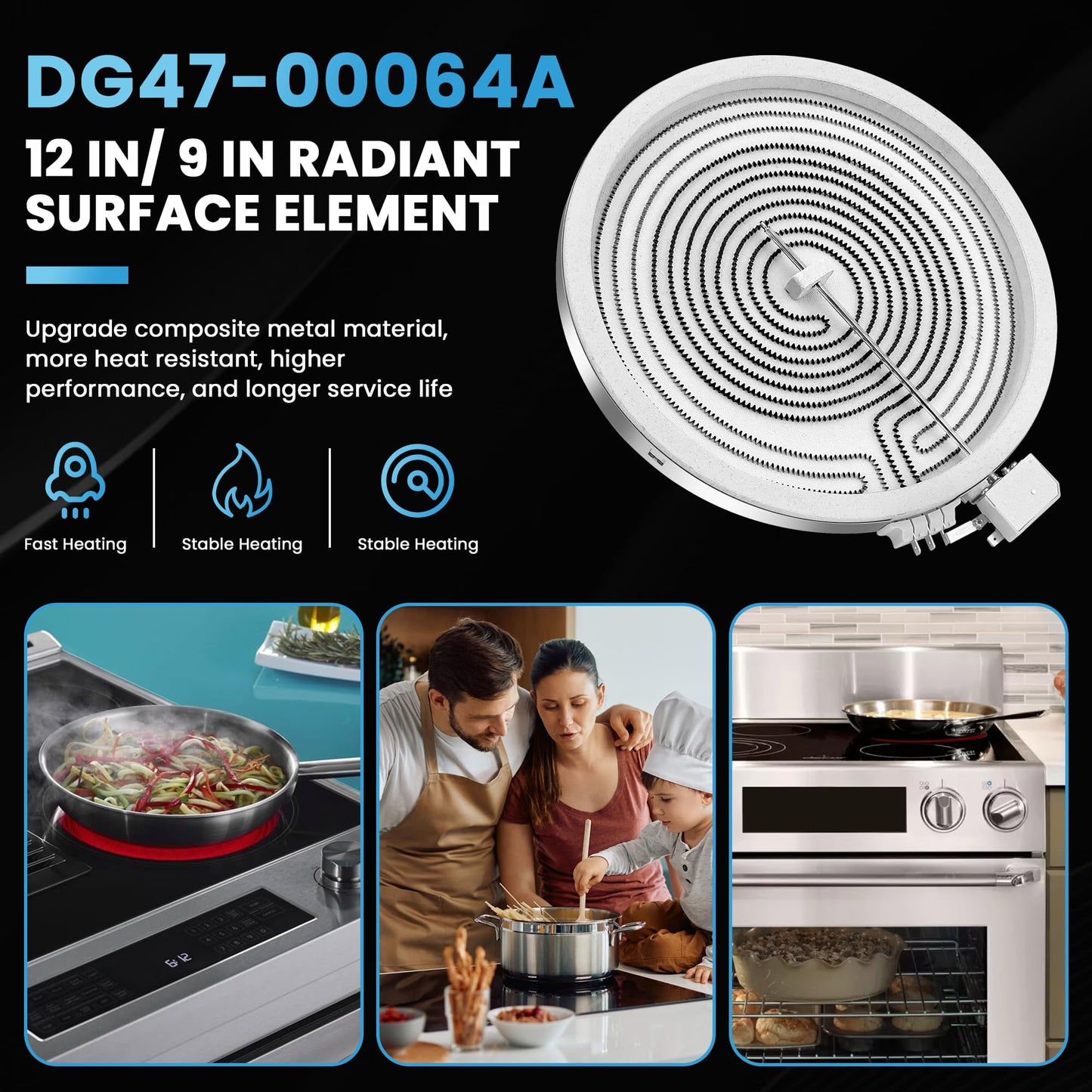 12 in DG47-00064A DG47-00056A Electric Range Dual Radiant Surface Element Fit for Sam-Sung NE58, NE59, NE63 Series Electric Stove, Replaces AP5986691 EAP11729066 PS11729066 by Fetechmate