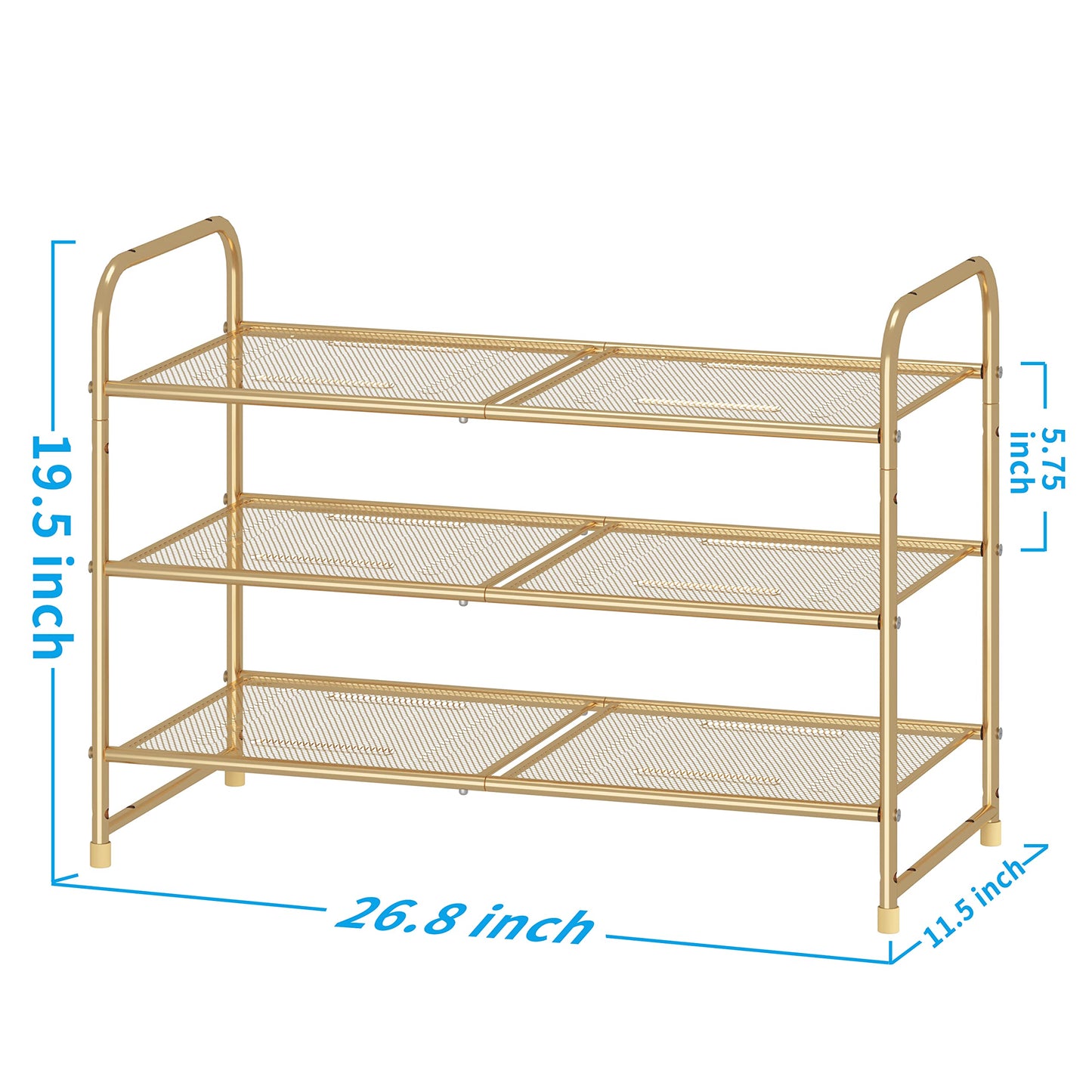 Simple Trending 3-Tier Stackable Shoe Rack, Expandable & Adjustable Shoe Shelf Storage Organizer, Metal Mesh, Gold