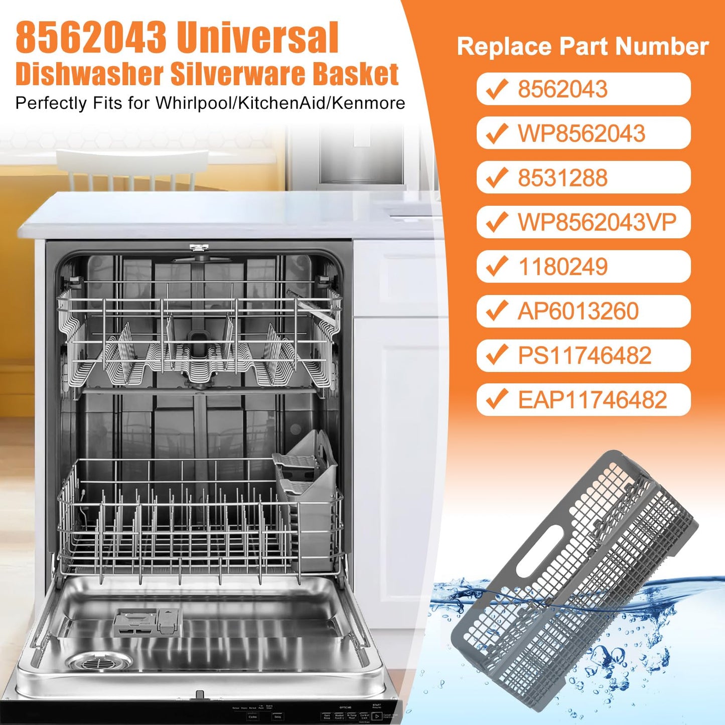 UPGRADED 8562043 WP8562043 Universal Dishwasher Silverware Basket For Kitchenaid Dishwasher Utensil Basket Kitchen Aid Dishwasher Silverware Basket, Whirlpool Dishwasher Basket, Kenmore Utensil Basket