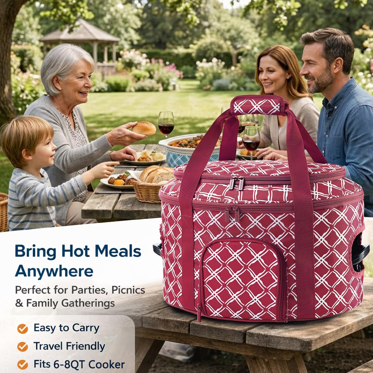 BAGSPRITE Double-layer Slow Cooker Carrying Case for Crock Pot 6-8 Quart, Insulated Crockpot Carrier with Adjustable Lid Straps,Portable Slow Cooker Travel Bag for Potluck, Parties, Family Gatherings