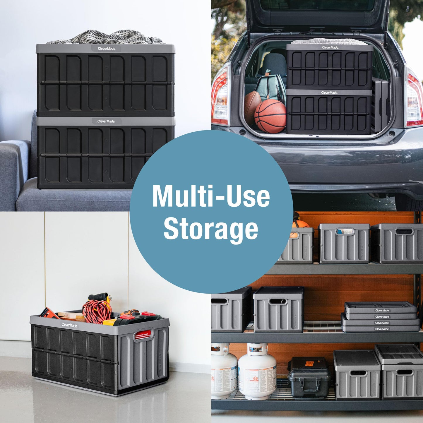 CleverMade Collapsible Storage Bins with Lids, 62L – Heavy Duty Foldable Plastic Storage Crates for Garage, Closet & Trunk Organization - Stone