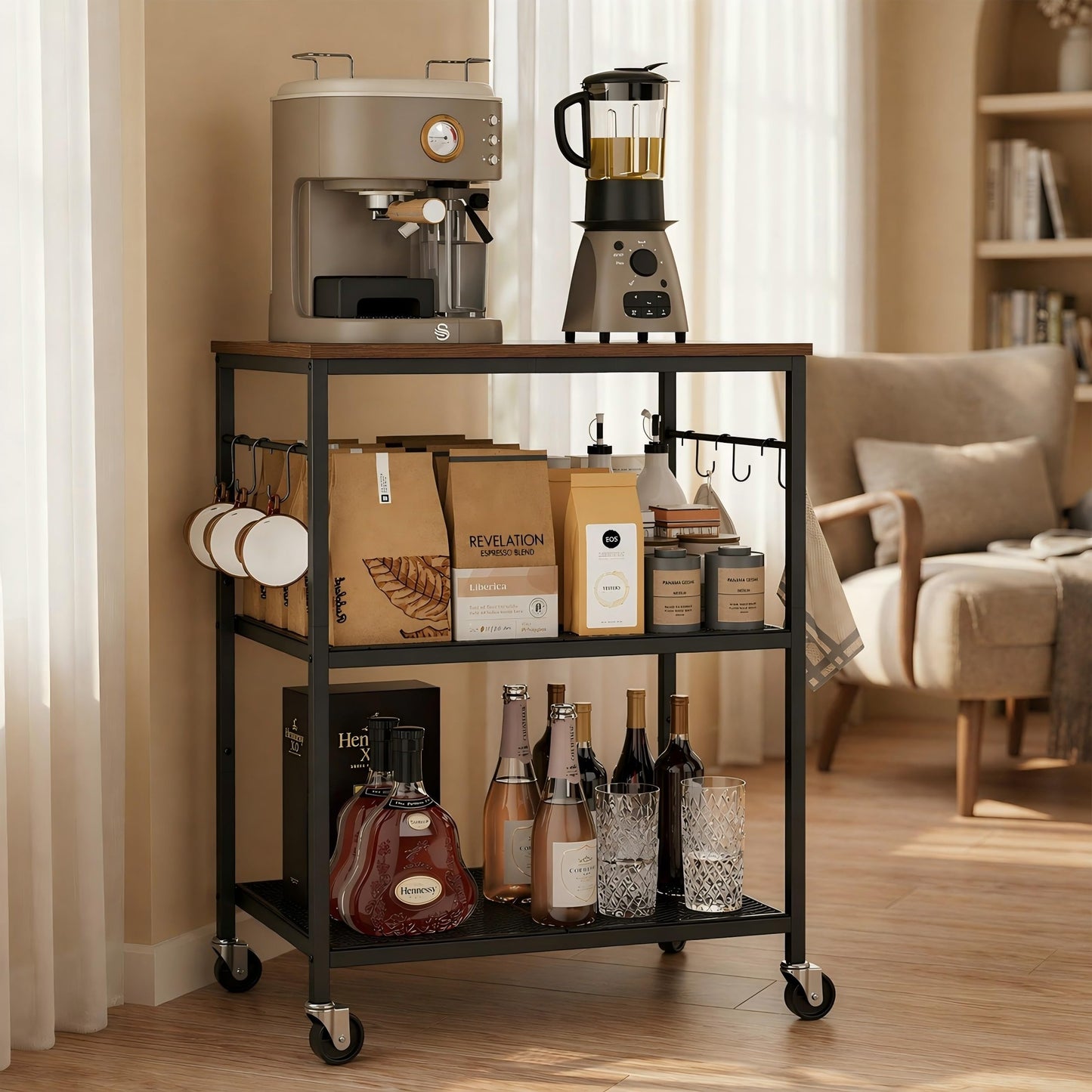 Homleke 3-Tier Rolling Kitchen Microwave Cart, Kitchen Utility Cart on Lockable Wheels, Coffee Bar Table Station with 6 S-Shaped Hooks, Small Appliance Storage Shelf, Rustic Brown and Black