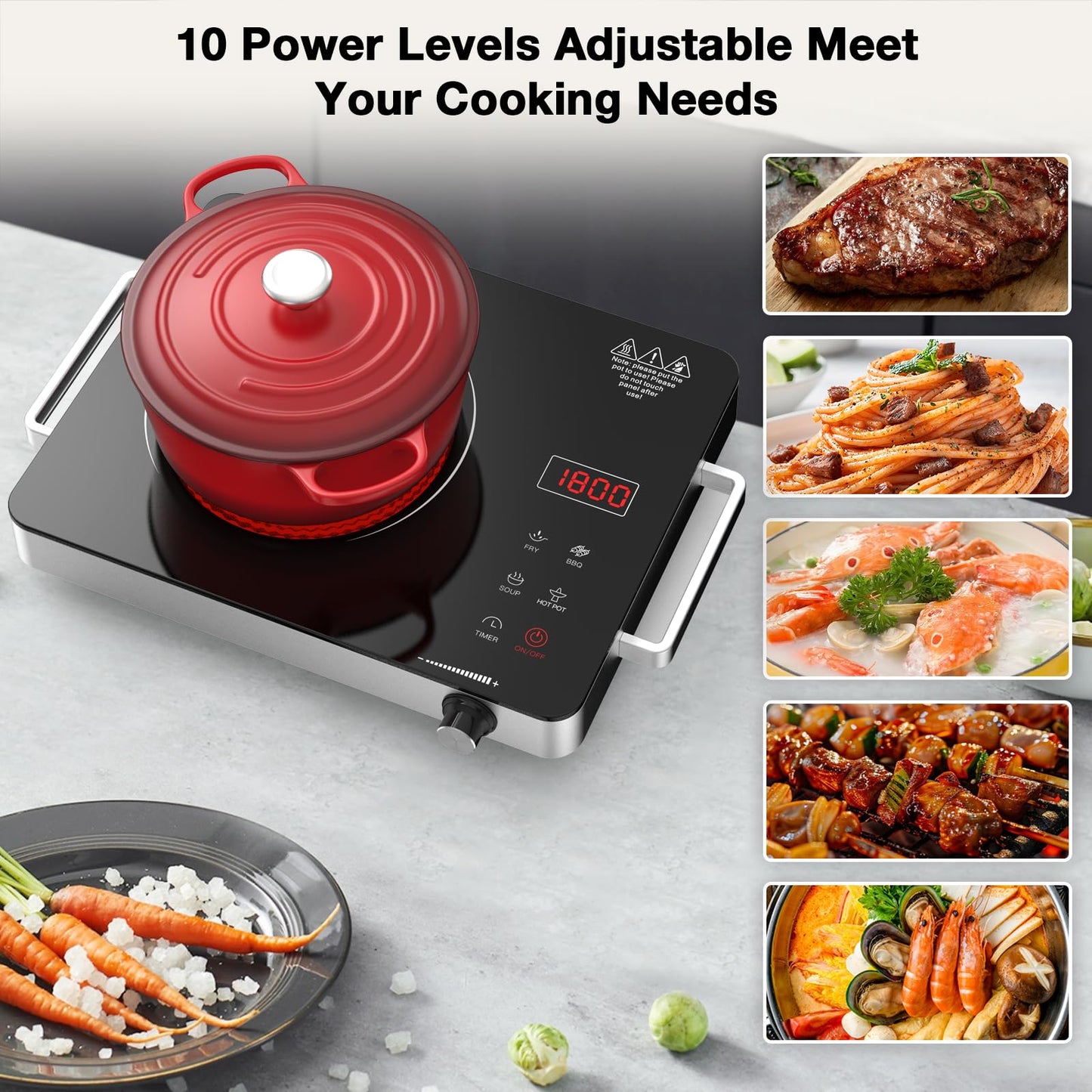 Portable Electric Cooktop 110V, 1800W Electric Stove Infrared Hot Plate with Knob Control, Nafewin Single Burner Countertop Burner with Handle, 4-Hours Timing Setting, Compatible for All Cookwares