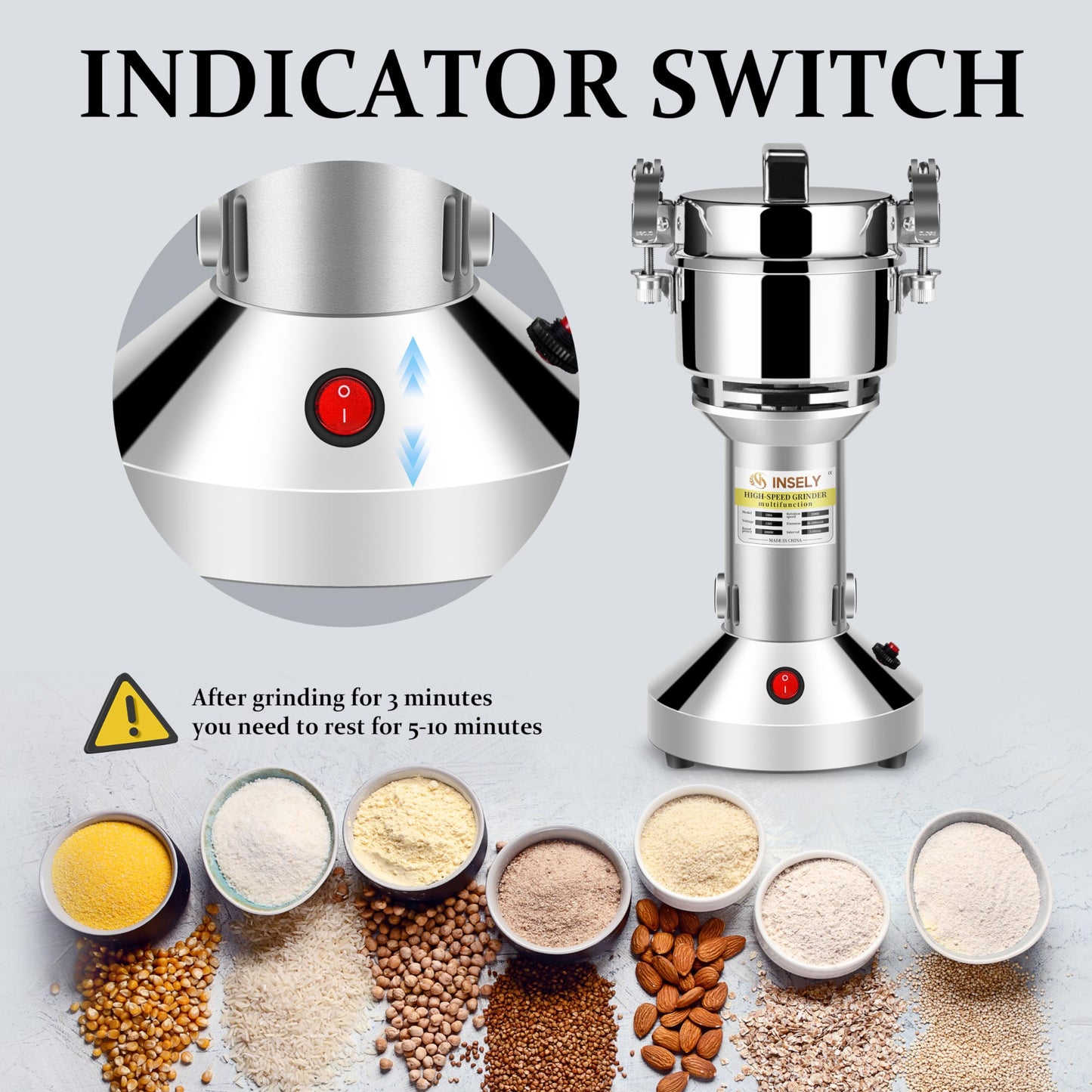 INSELY Grain Mill 150g, flour mill grinder for home, Electric Stainless Steel Grain Grinder for Wheat, Spices, coffee,Corn and Other Dry Food Grinders for Kitchen