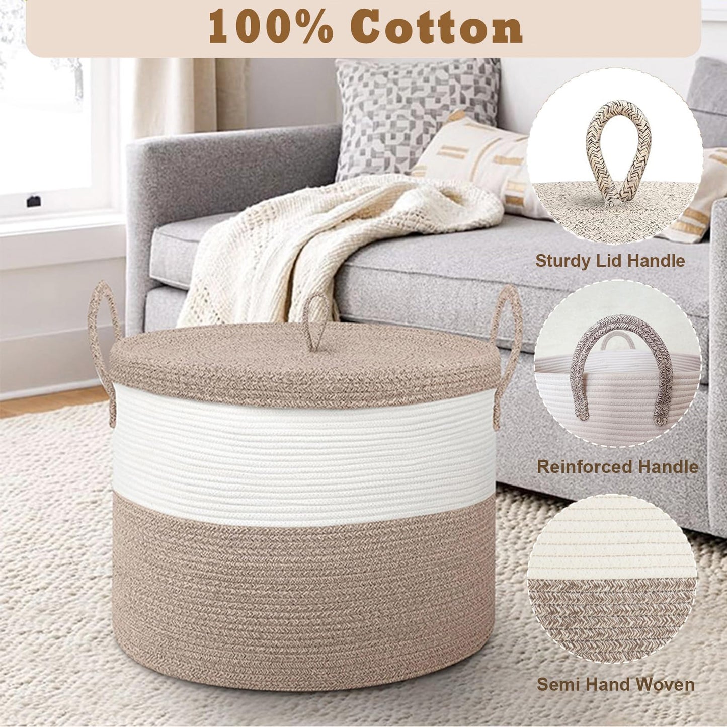 Echueuey 21" x 18" Extra Large storage baskets,Decorative blanket basket with lid for Living room,rope baskets with lid,wicker hamper for bedroom,Big,Round,White & Brown 115L