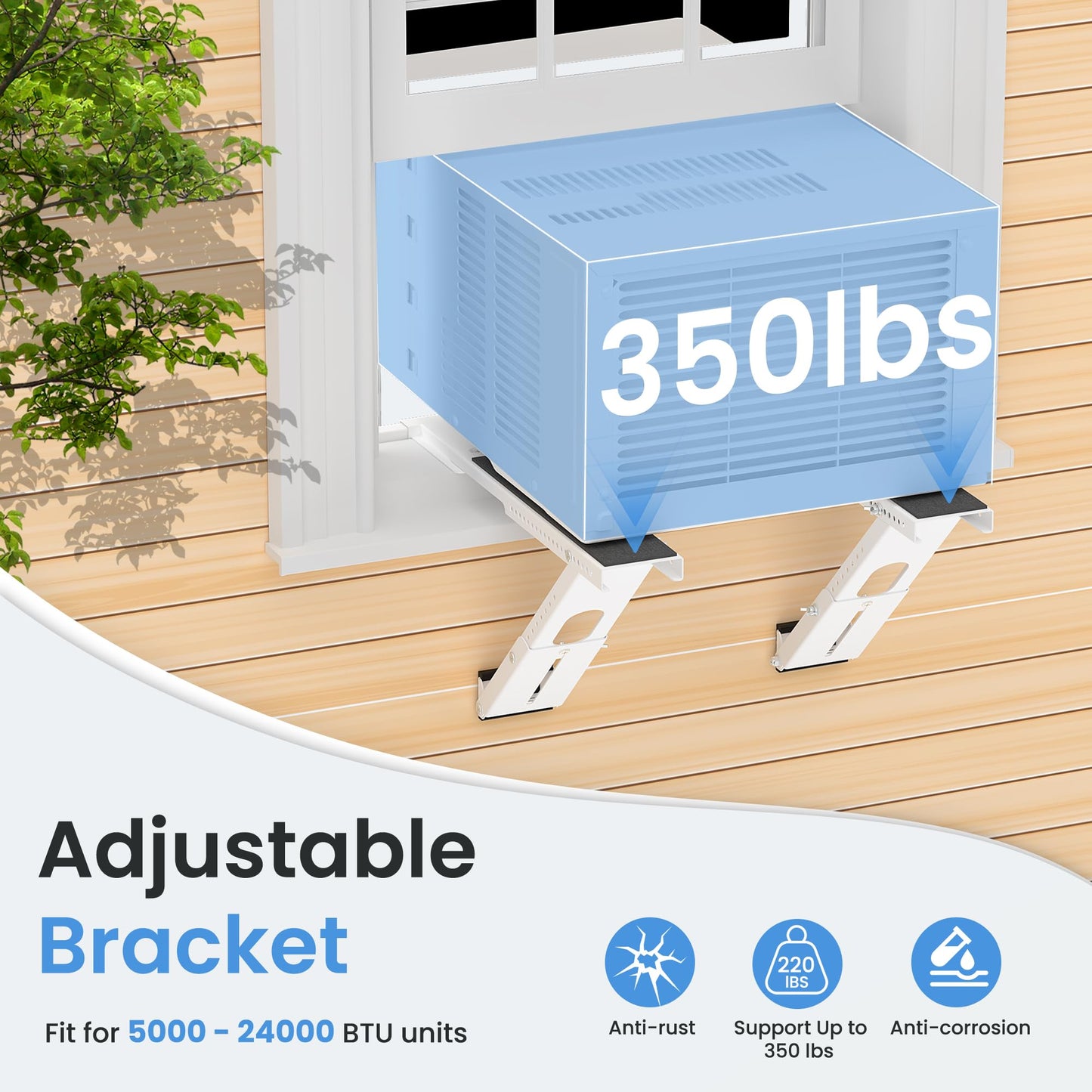WEETALL Air Conditioner Support Bracket No Drill: Heavy Duty 350lbs, Adjustable Width 31.5"-41.7", Bubble Level for Single/Double Hung Windows, Fits 5000-24000 BTU AC Units