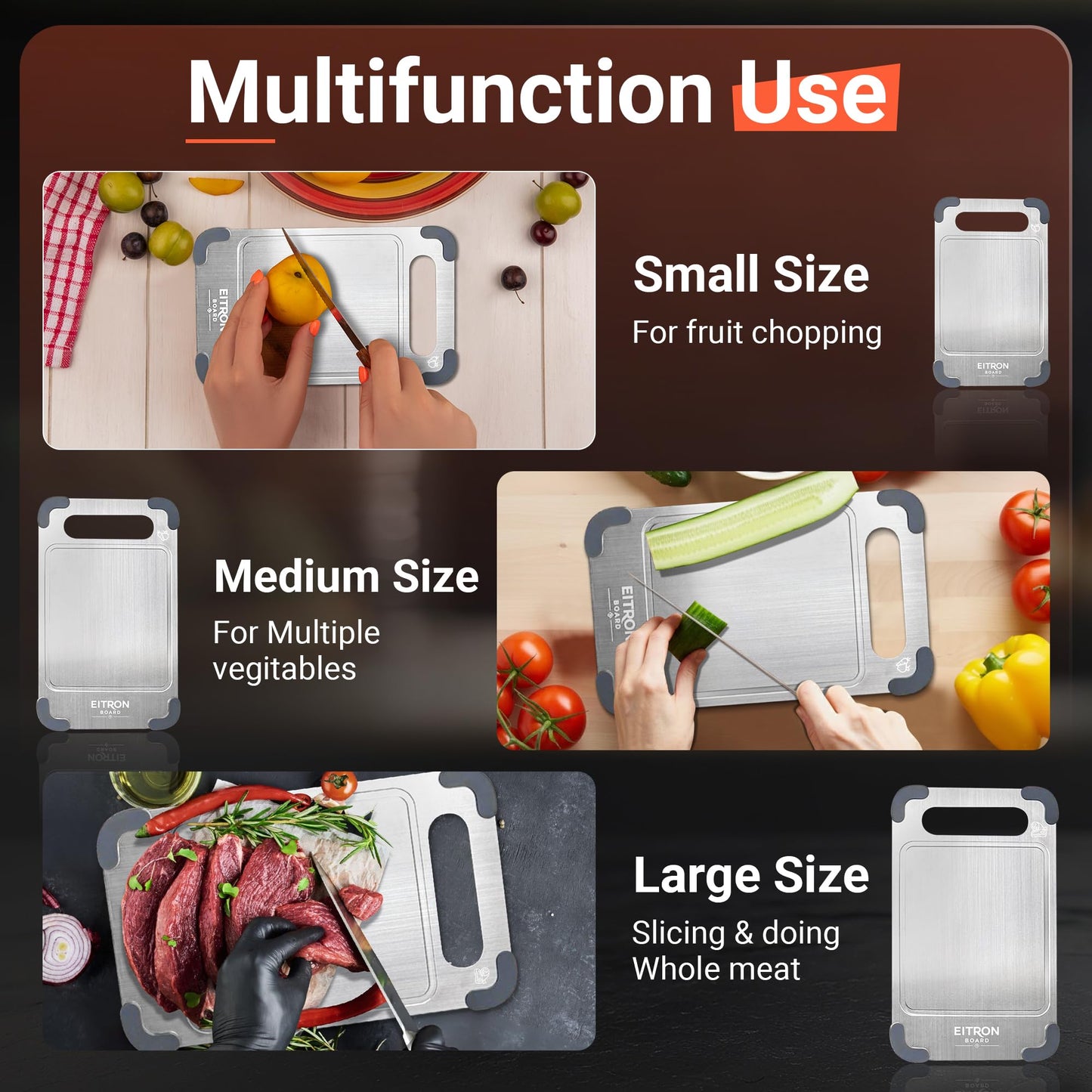EITRON Titanium Cutting Board Set of 3 for Kitchen - 100% Pure Titanium Metal Chopping Boards, Non-Toxic Food Grade, Double-Sided with Juice Groove & Non-Slip Corners, Dishwasher Safe (S+M+L)