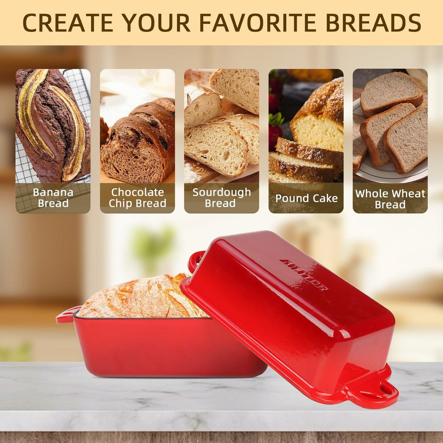 AILITOR 9x5 Enameled Cast Iron Loaf Pan with Lid - 2 in 1 Homemade Sourdough Bread Baking Pan