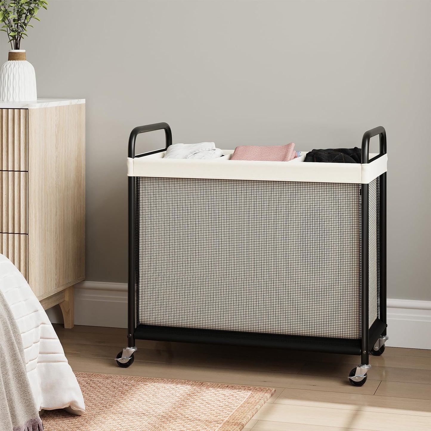ELYKEN Laundry Hamper 3 Section, 120L Rolling Laundry Sorter with Removable Liner Bag, Laundry Basket with Wheels, Steel Frame with Metal Handle, Clothes Hamper Cart for Laundry Room & Bedroom
