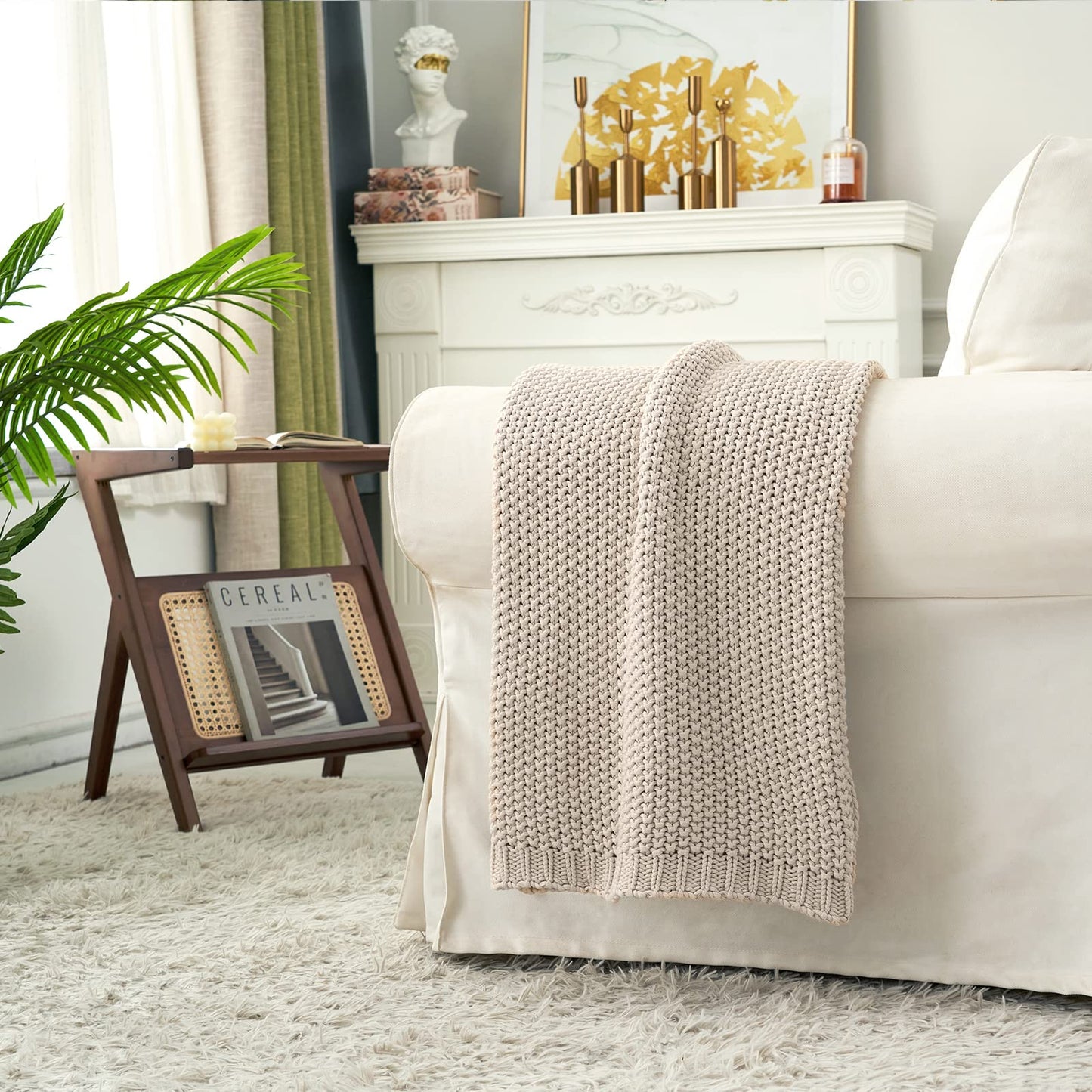 Chunky Cable Knit Throw Blanket Lightweight Beige 100% Organic Cotton Blanket for Sofa Couch Bed Baby Nursery, Rustic Shabby Chic Modern Farmhouse, 60” x 80”