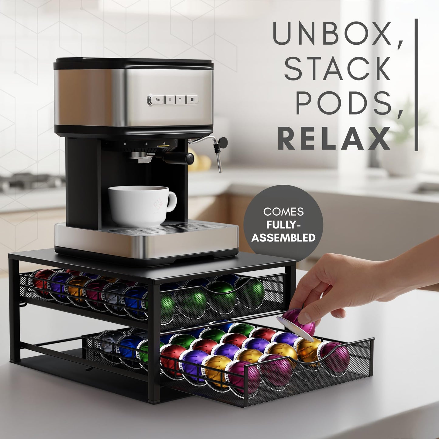 Nookaway Coffee Pod Holders Drawer - 2 Tier K-Cup Holder Drawer with 56 Pod Cap, Kcup Storage Nonslip Rubber Mat - Dual Sliding K Cup Organizer for Countertop, Nespresso Pods Holder for Home Office