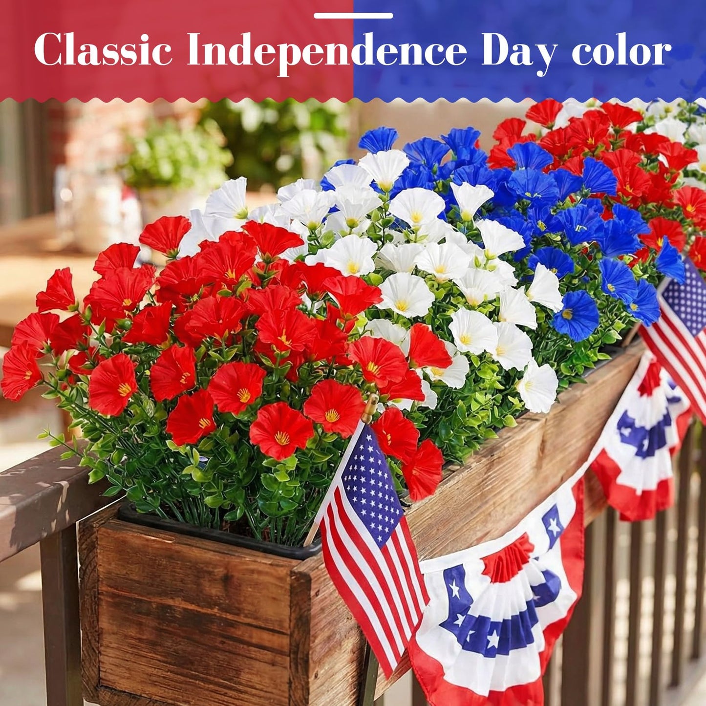 12 Pcs Red White Blue Artificial Flower Outdoor UV Resistant Petunias Patriotic Silk Flower 4th of July Decor USA Independence Short Stem Faux Cemetery Flowers Pot Window Garden 250 Anniversary Decor