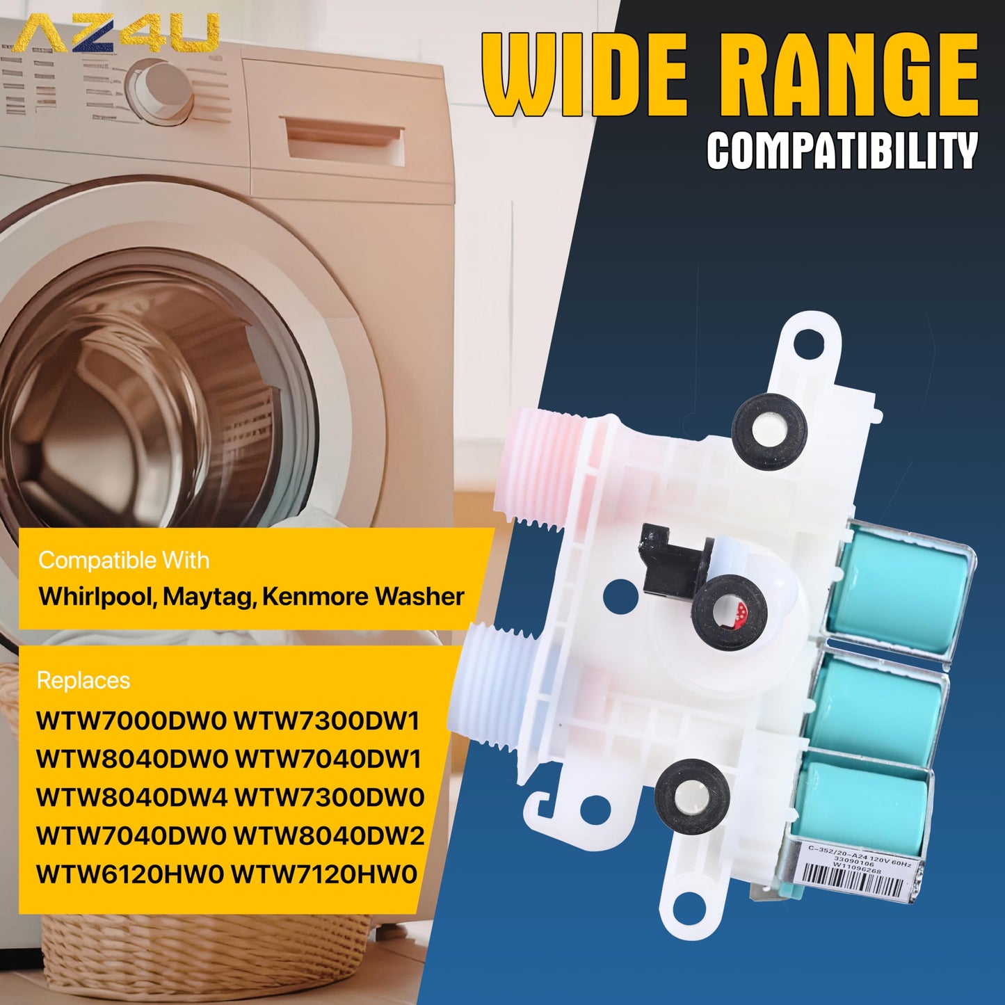 Washer Water Inlet Valve Replaces For Whirlpool Cabrio WTW7000DW0 WTW7300DW1 WTW8040DW0 WTW7040DW1 WTW8040DW4 WTW7300DW0 WTW7040DW0 WTW8040DW2 WTW6120HW0 WTW7120HW0 WTW7000DW3 WTW8000DW0 WTW8000DW