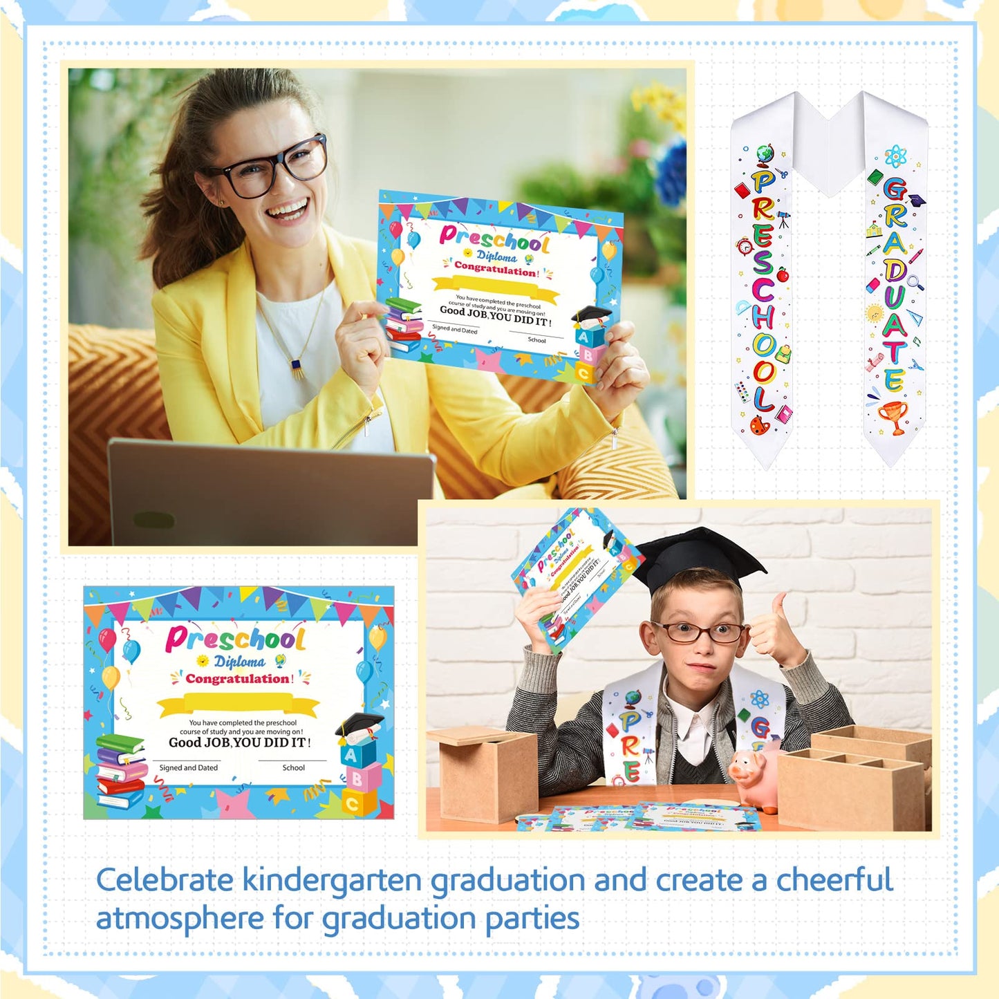 Sureio 24 Pieces Preschool Graduation Gifts Kids Graduation Stole with Preschool Diploma 12 Pcs Preschool Printed Graduation Sash and 12 Pcs Preschool Diploma Unisex Graduation Stole (Preschool)