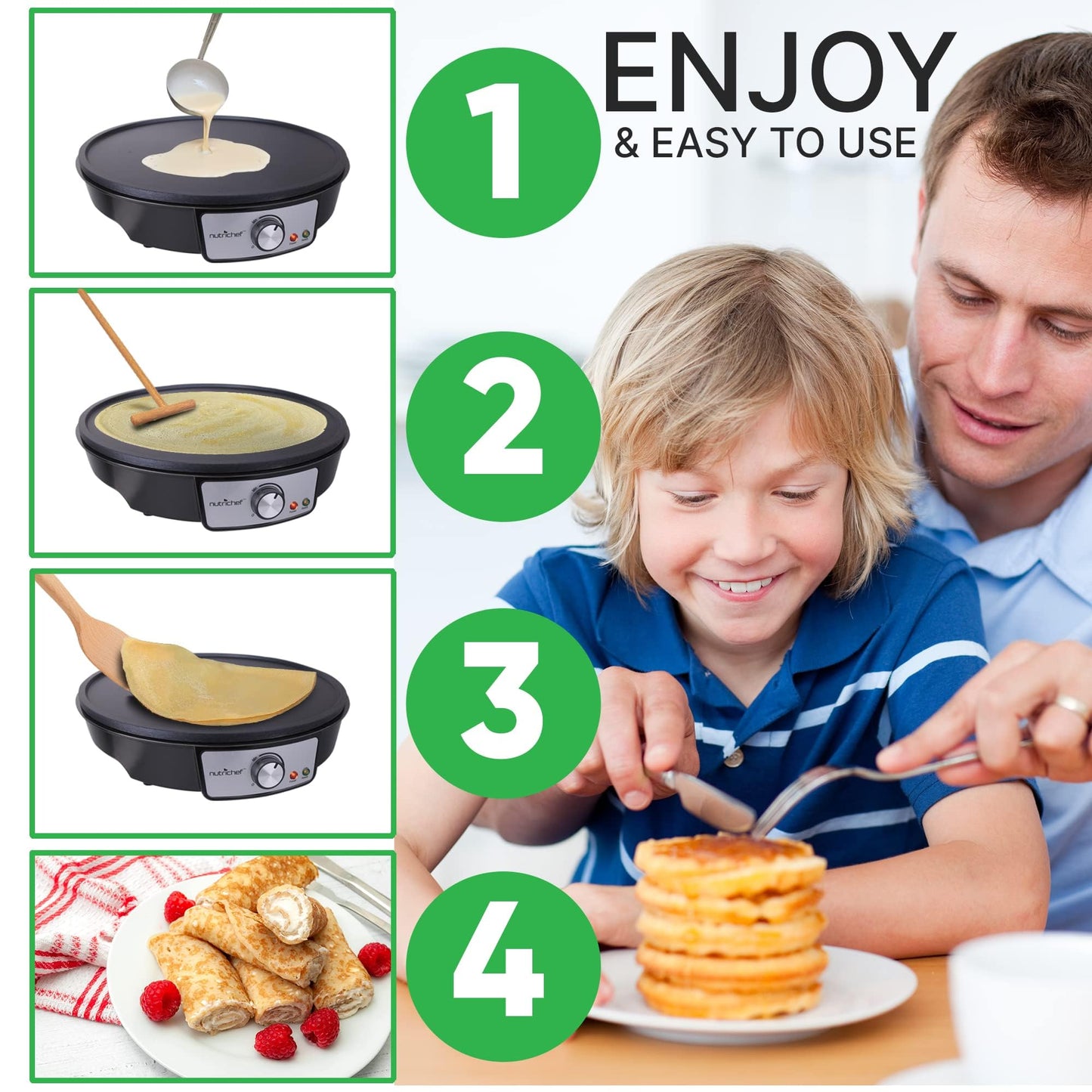 Nutrichef Electric Crepe Maker Pan & Griddle | 12 Inch Nonstick Cooktop | LED Indicators & Adjustable Temperature Control | Includes Spatula, Batter Spreader | Cooks Crepes, Roti & Pancakes