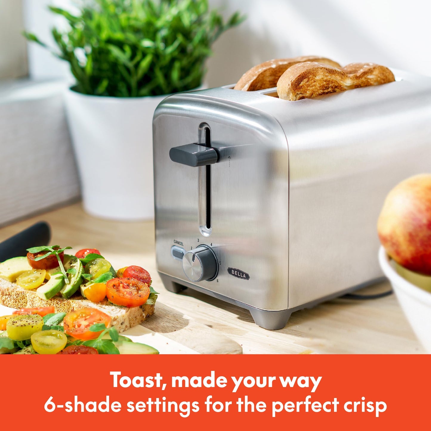 bella Stainless Steel 2 Slice Toaster with Extra Wide Slots & Removable Crumb Tray - 6 Browning Options, Auto Shut Off & Reheat Function - Toast Bread, Bagel & Waffle