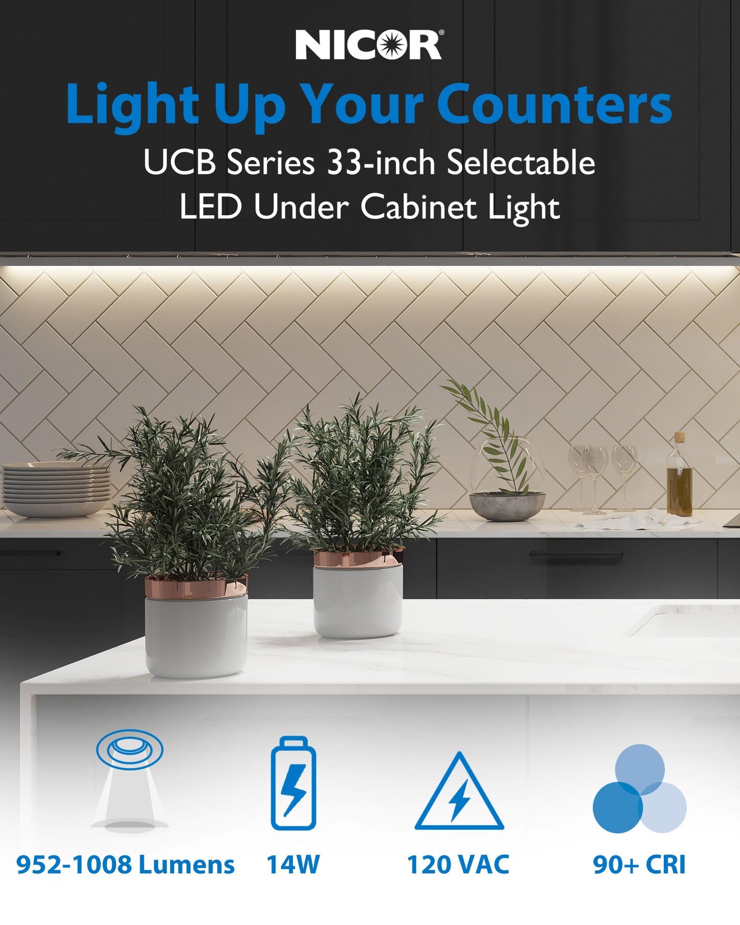33” LED Direct Wire Under Cabinet Light - Undercounter LED Lights for Kitchen - Selectable CCT 2700K-5000K, 952-1008 Lumens, 14W - UCB Series Hardwired Under Cabinet Lighting by NICOR Lighting