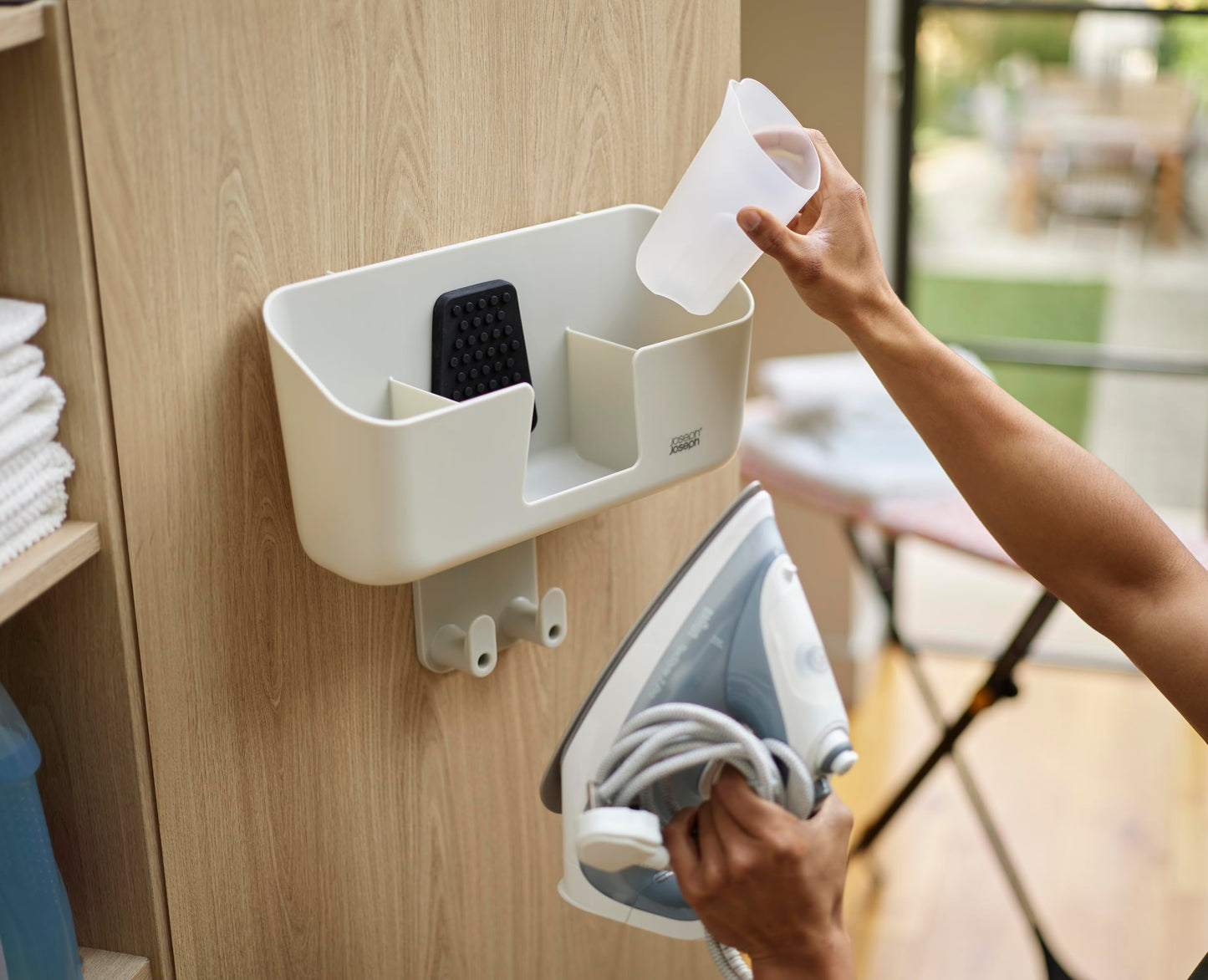 Joseph Joseph IronHub Wall mounted Iron Holder and Jug Storage Organizer with Adjustable Ironing Board Hanger, and Heat-Resistant Iron Pad