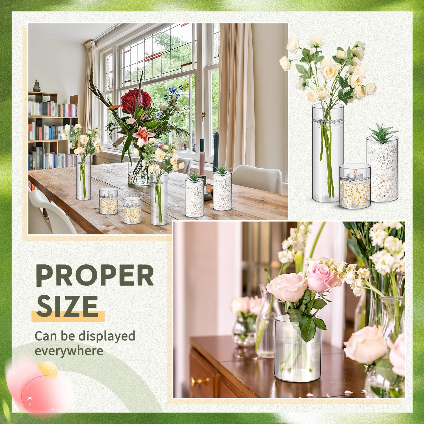 Nuogo 24 Pcs Plastic Cylinder Vases Tall Plastic Flower Vases for Centerpieces Hurricane Candle Holder for Home Wedding Office Party Formal Dinners Decorations (4''/6''/8'')