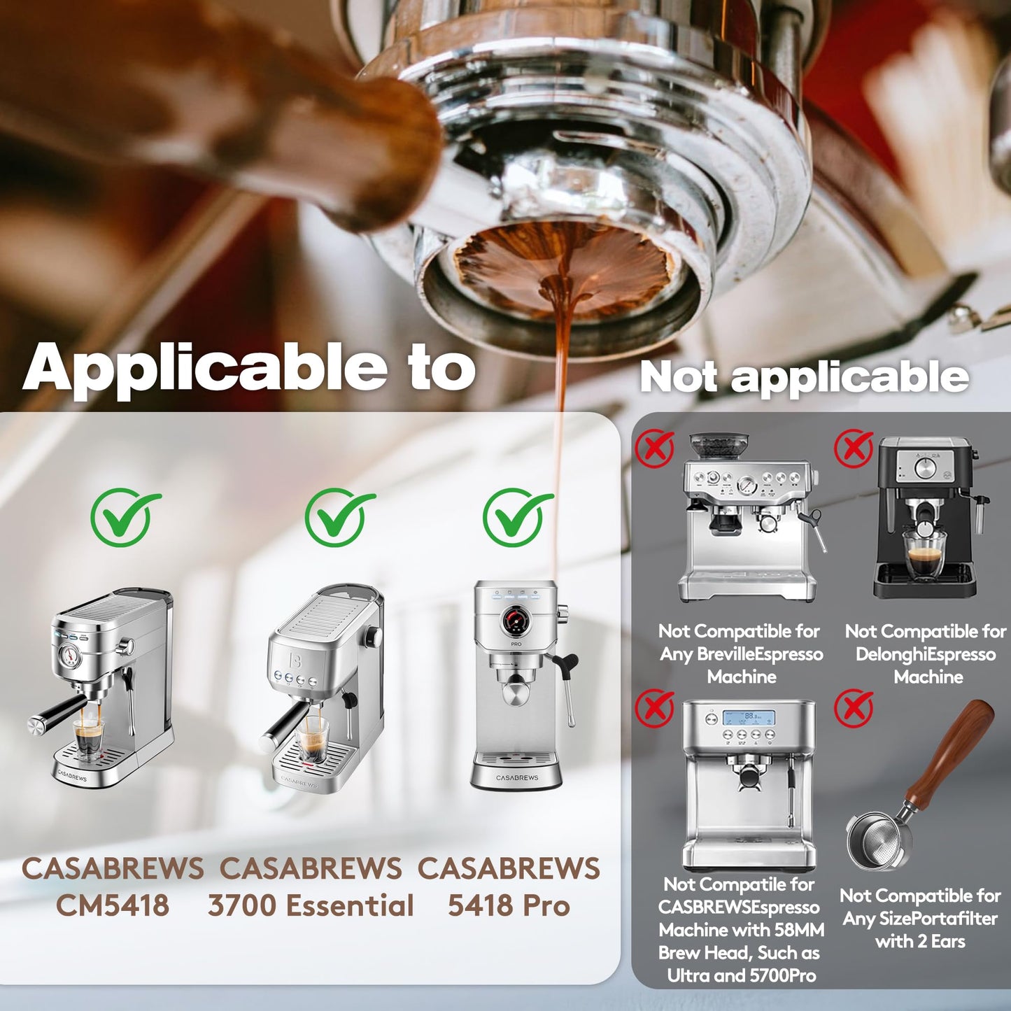 Bottomless Portafilter 51mm Compatible with CASABREWS CM5418, 5418Pro & 3700Essential - Stainless Steel 3-Ear Portafilter with Puck Screen & Filter Basket