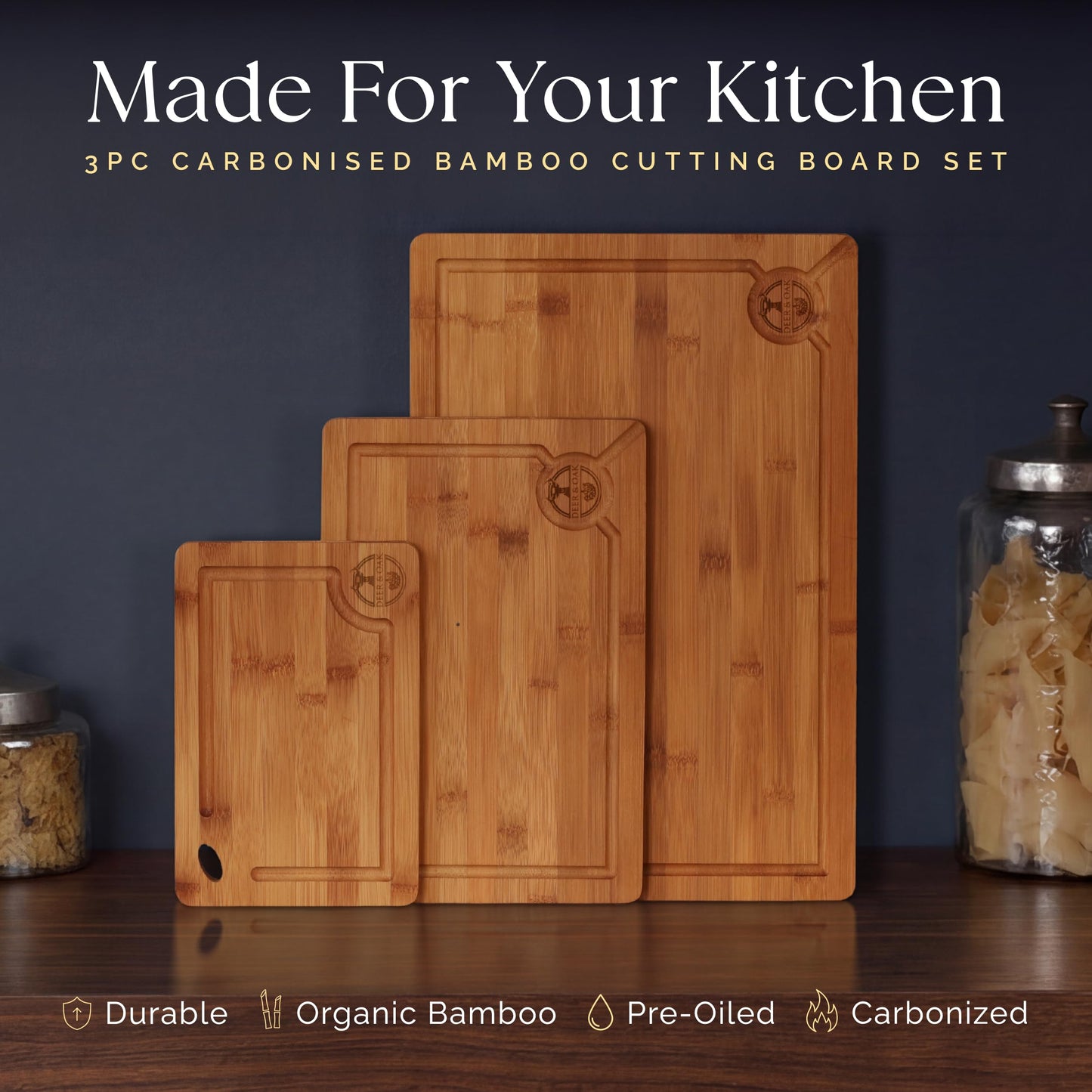 Pre-Oiled, Non Toxic 3-Piece Carbonized Bamboo Cutting Board Set, Eco-Friendly Wooden Chopping Boards for Kitchen with Hanging Hole, 500°F Carbonized Technology Charcuterie Serving Boards Deer & Oak