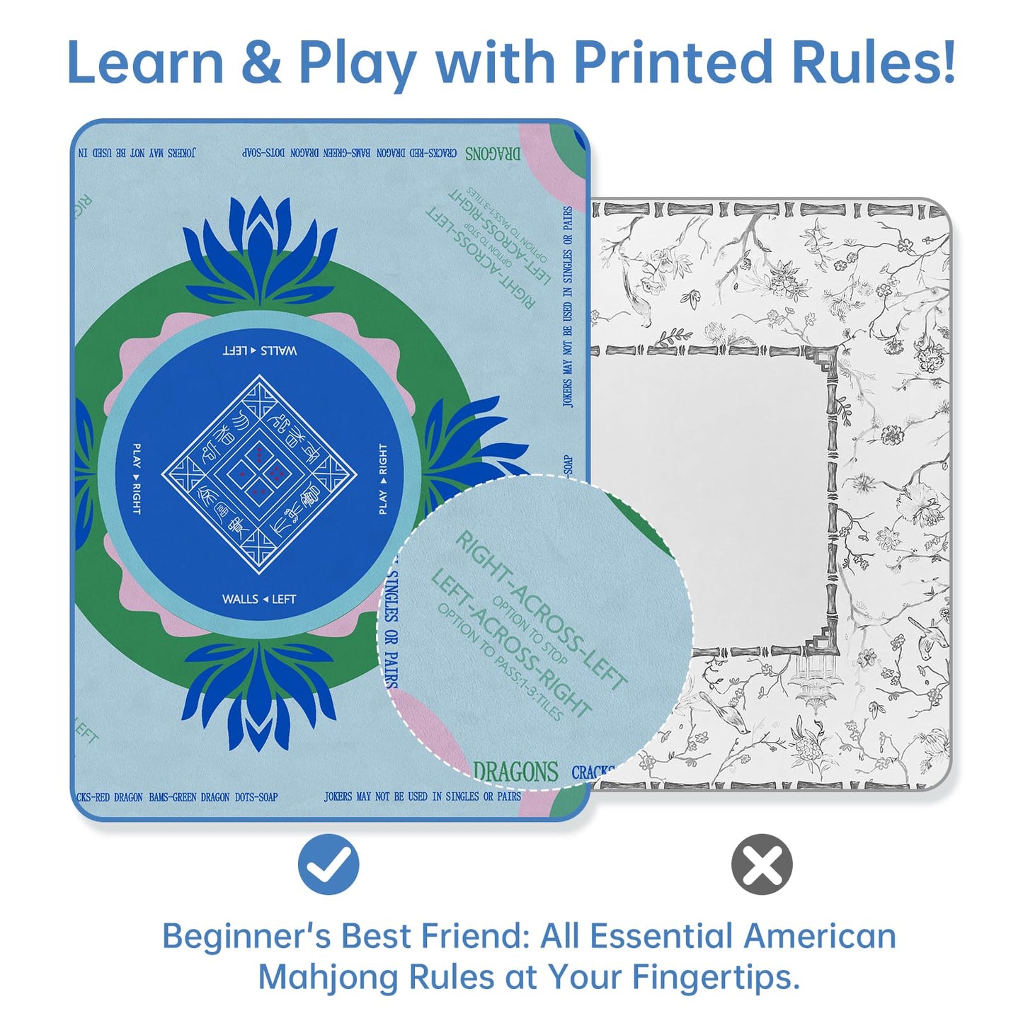 Mahjong Mat with Tech Velvet, Machine Washable, Noise Reduction,Anti Slip, and Crease-Free, Soft Touch, Game Rule, with Carrying Bag: 32.4 Inch Game Mat for Poker, Board, Tile, and Dominoes (L-Blue)