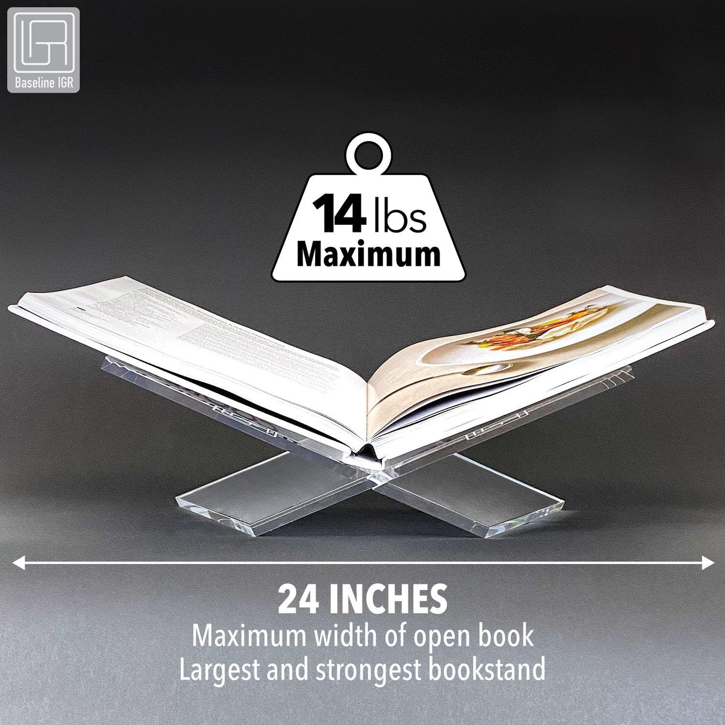 Baseline IGR Large Clear Acrylic Book Stand, 12.5" x 9.5" x 5.5”, Acrylic Book Holder, Open Bookstand for Display and Reading Cookbooks, Art Books, Bibles, Magazines - Home and Office
