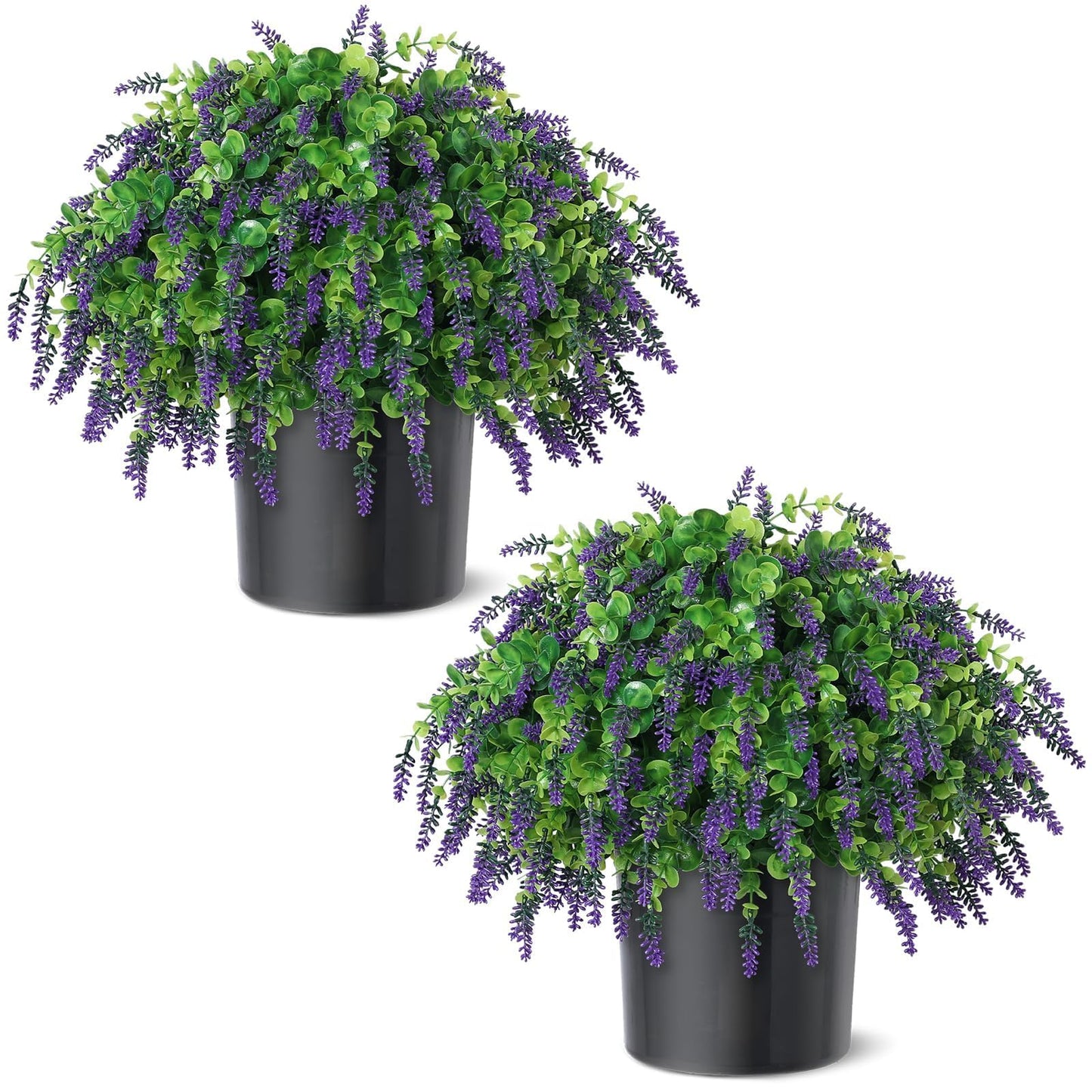 Artificial Eucalyptus & Lavender Topiary Ball Tree for Front Door - Set of 2 Topiary Trees with Pots, UV Resistant Faux Bushes Potted Plants for Porch Garden Farmhouse Outdoor Decoration